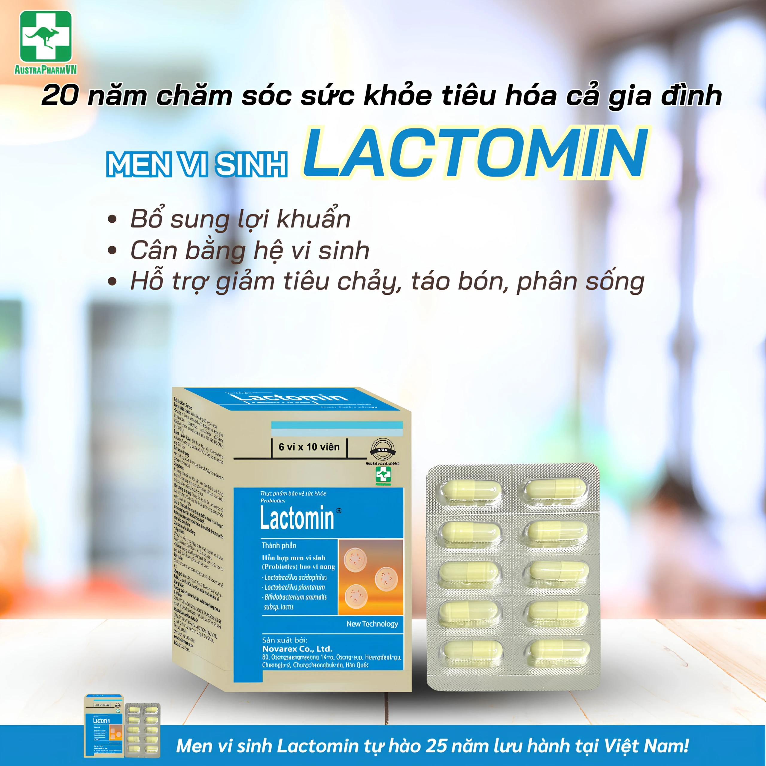Viên uống Lactomin Novarex bổ sung vi khuẩn có ích, giúp tái lập cân bằng hệ vi sinh đường ruột (6 vỉ x 10 viên) 2