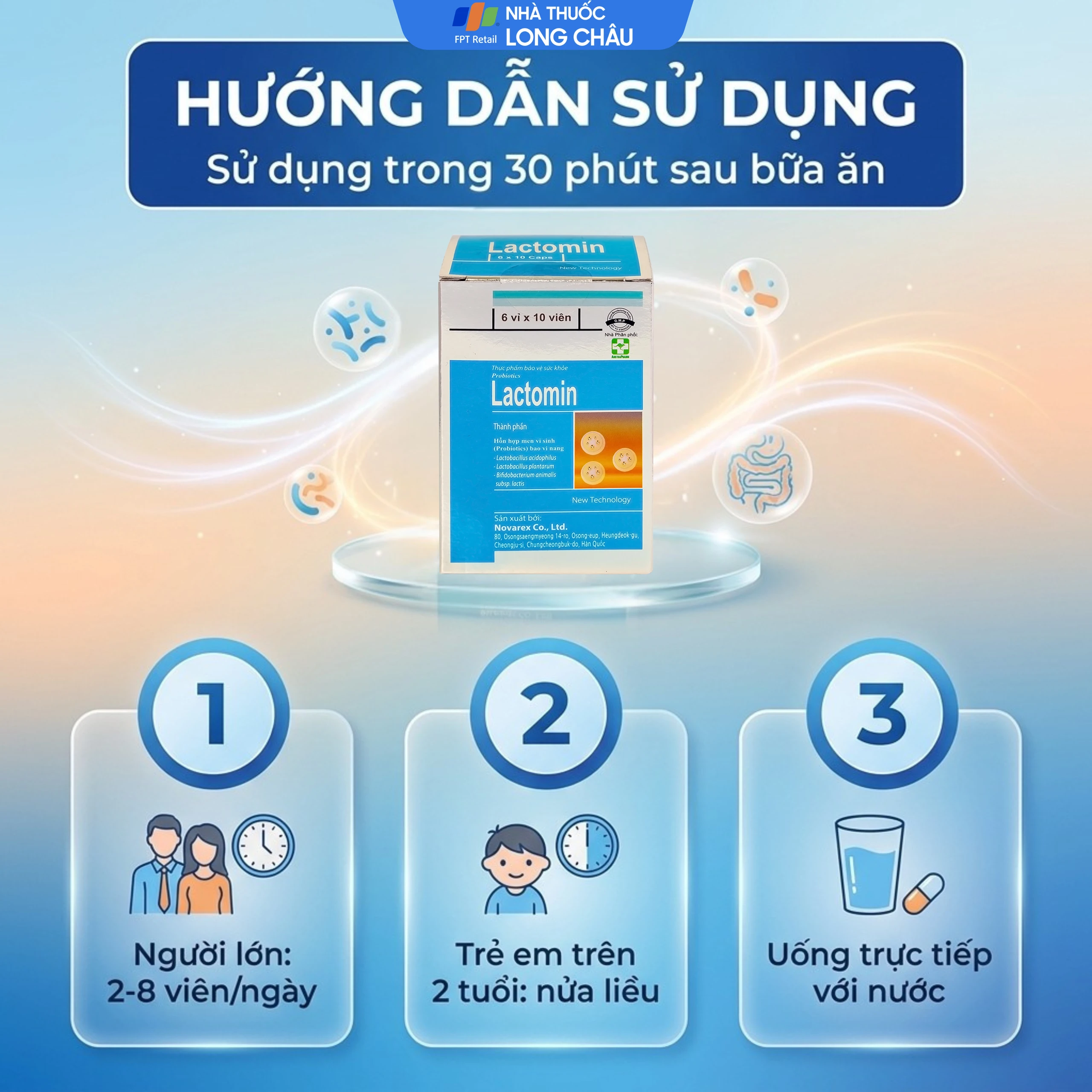 Viên uống Lactomin Novarex bổ sung vi khuẩn có ích, giúp tái lập cân bằng hệ vi sinh đường ruột (6 vỉ x 10 viên) 6