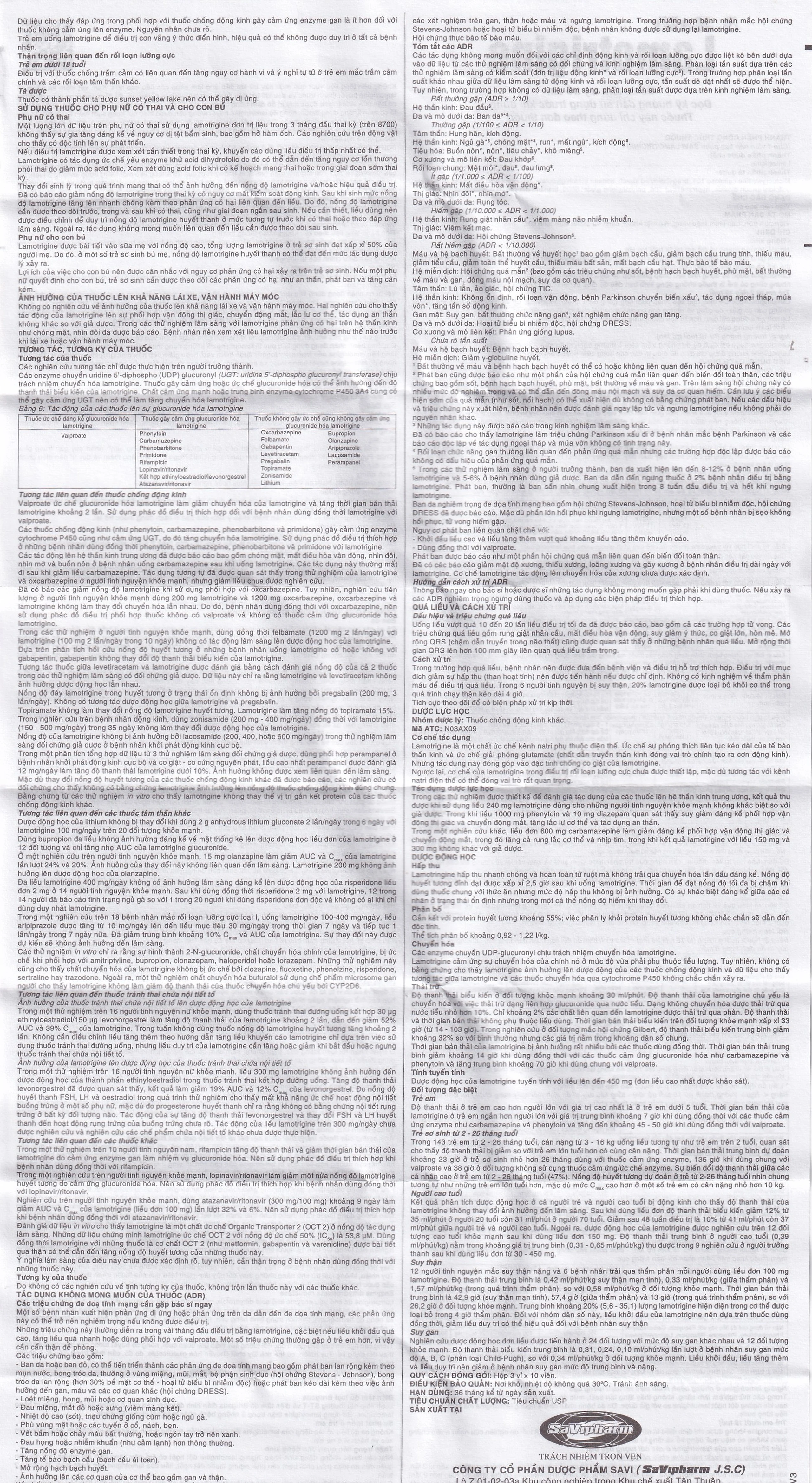 Viên nén Lamotrigine 50mg SaVi điều trị động kinh (3 vỉ x 10 viên)