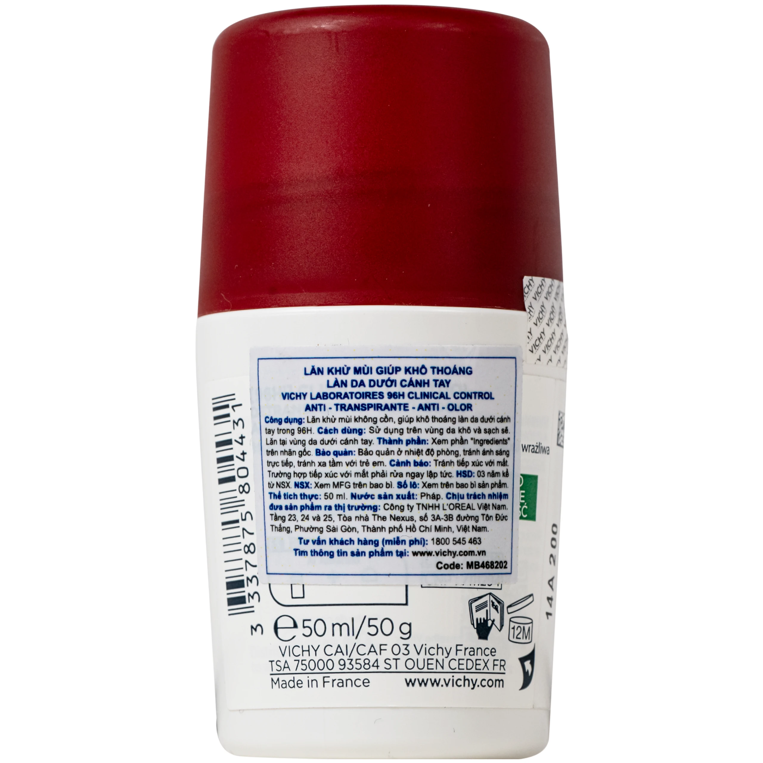 Lăn khử mùi kiểm soát mồ hôi trong 96 giờ Vichy clinical control 96h detranspirant anti-olor (50ml) 2