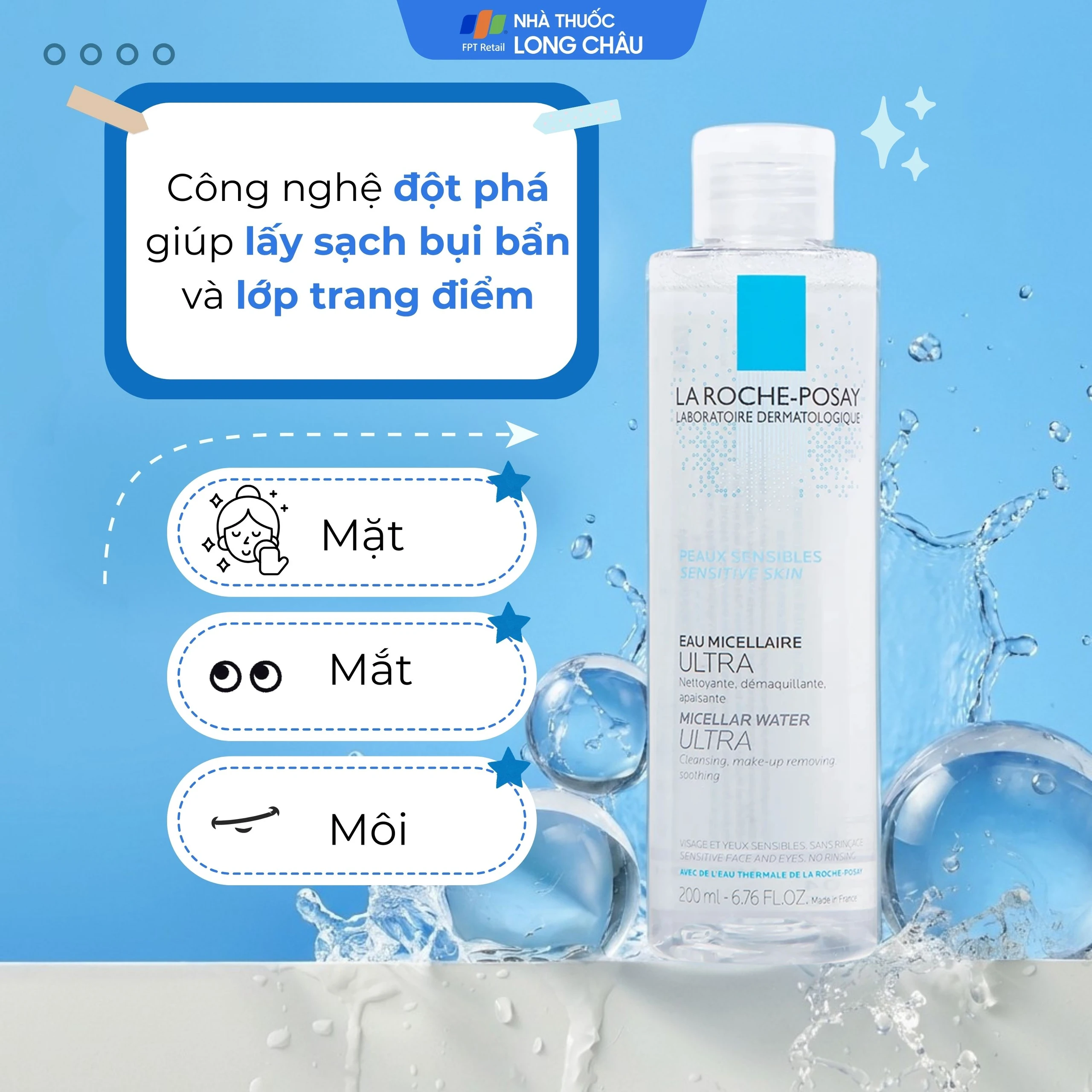 Nước làm sạch sâu và tẩy trang La Roche-Posay Micellar Water Ultra Sensitive Skin dành cho da nhạy cảm (200ml)