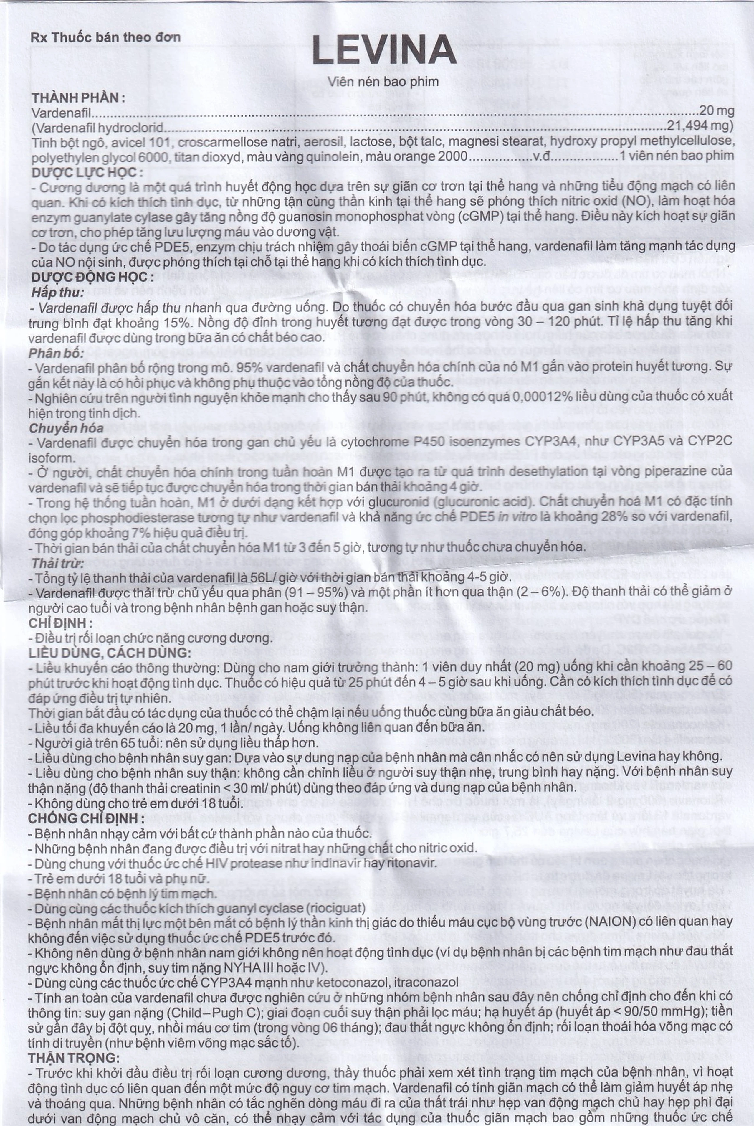 Thuốc Levina 20mg Cophavina điều trị rối loạn chức năng cương dương (1 vỉ x 4 viên)