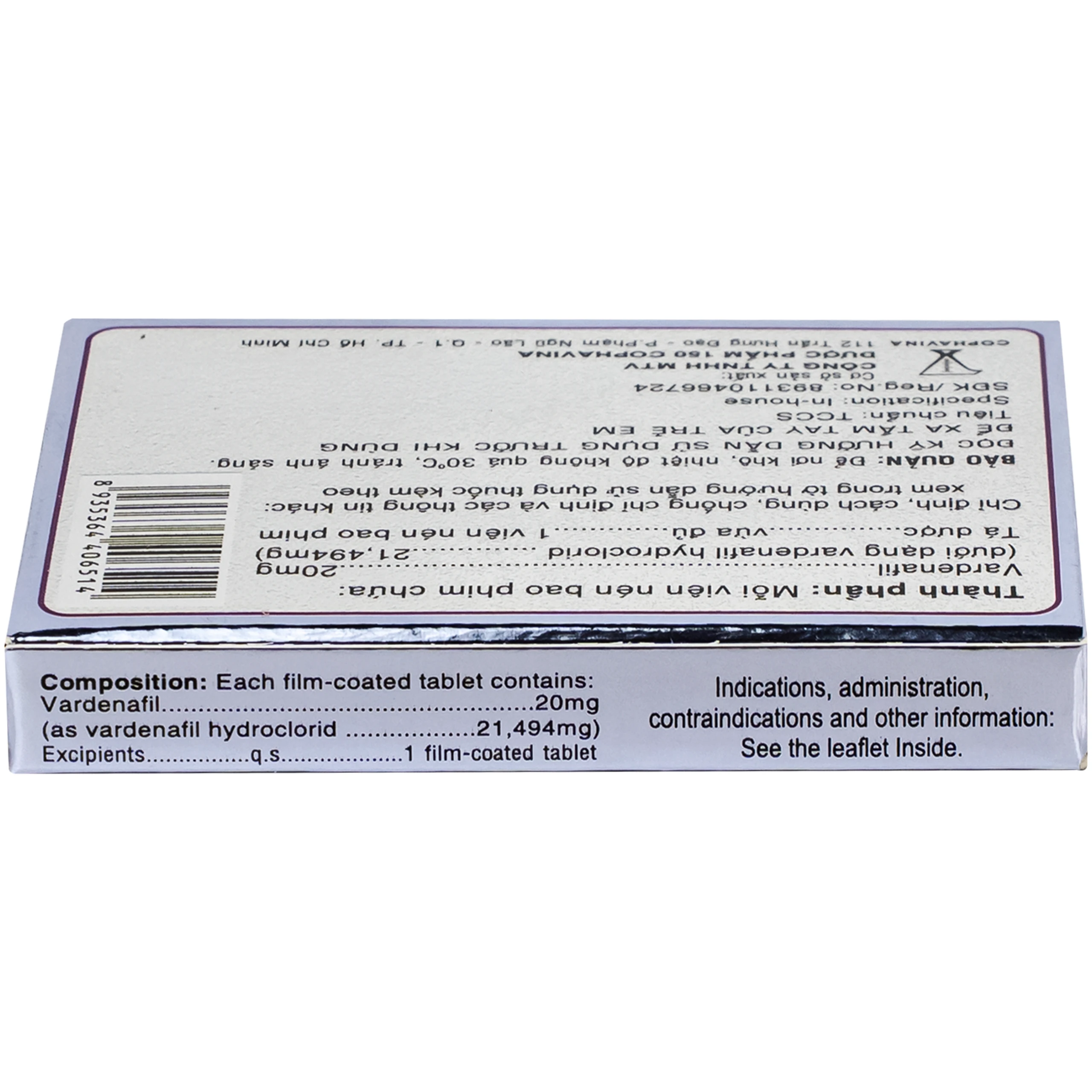 Thuốc Levina 20mg Cophavina điều trị rối loạn chức năng cương dương (1 vỉ x 4 viên) 5