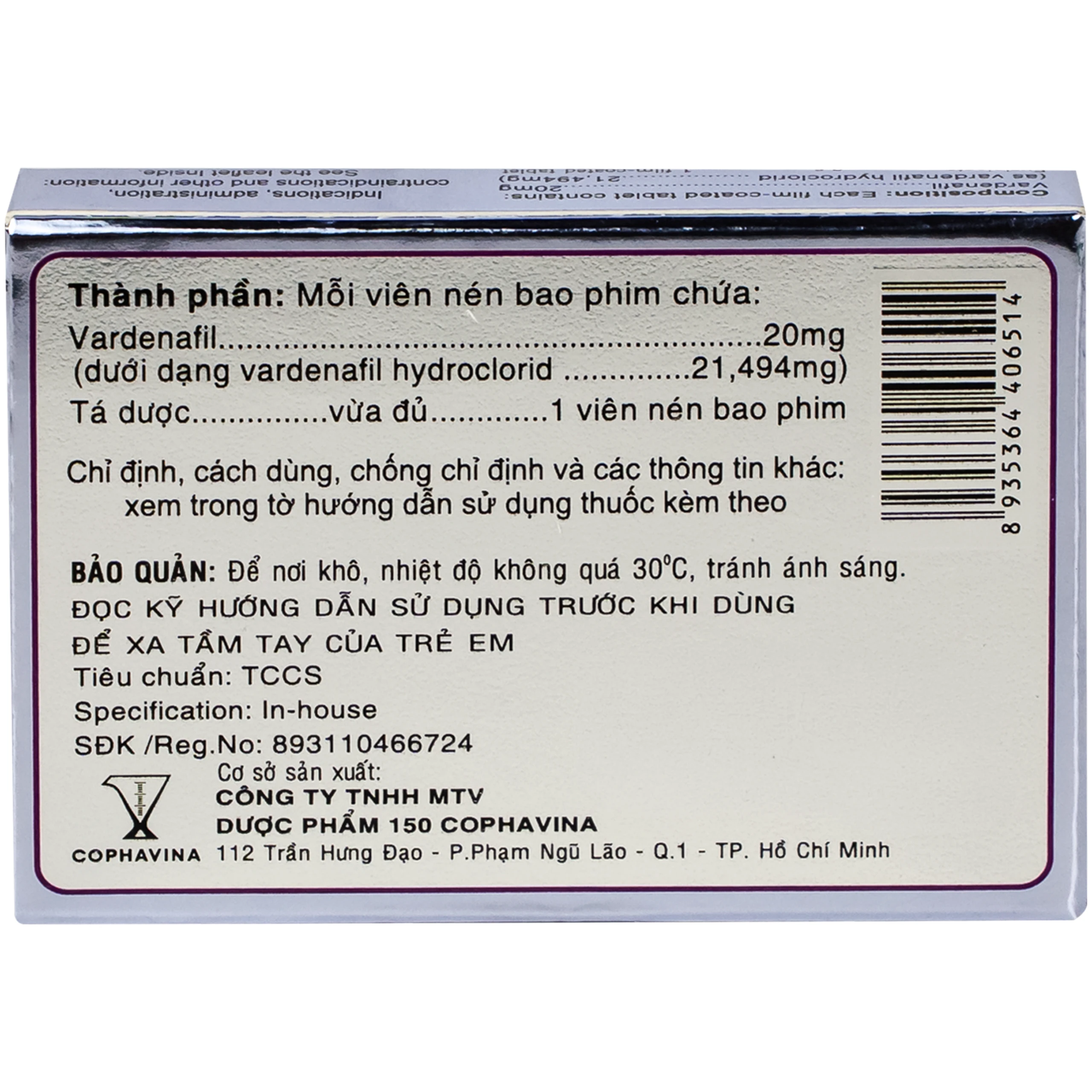 Thuốc Levina 20mg Cophavina điều trị rối loạn chức năng cương dương (1 vỉ x 4 viên) 4