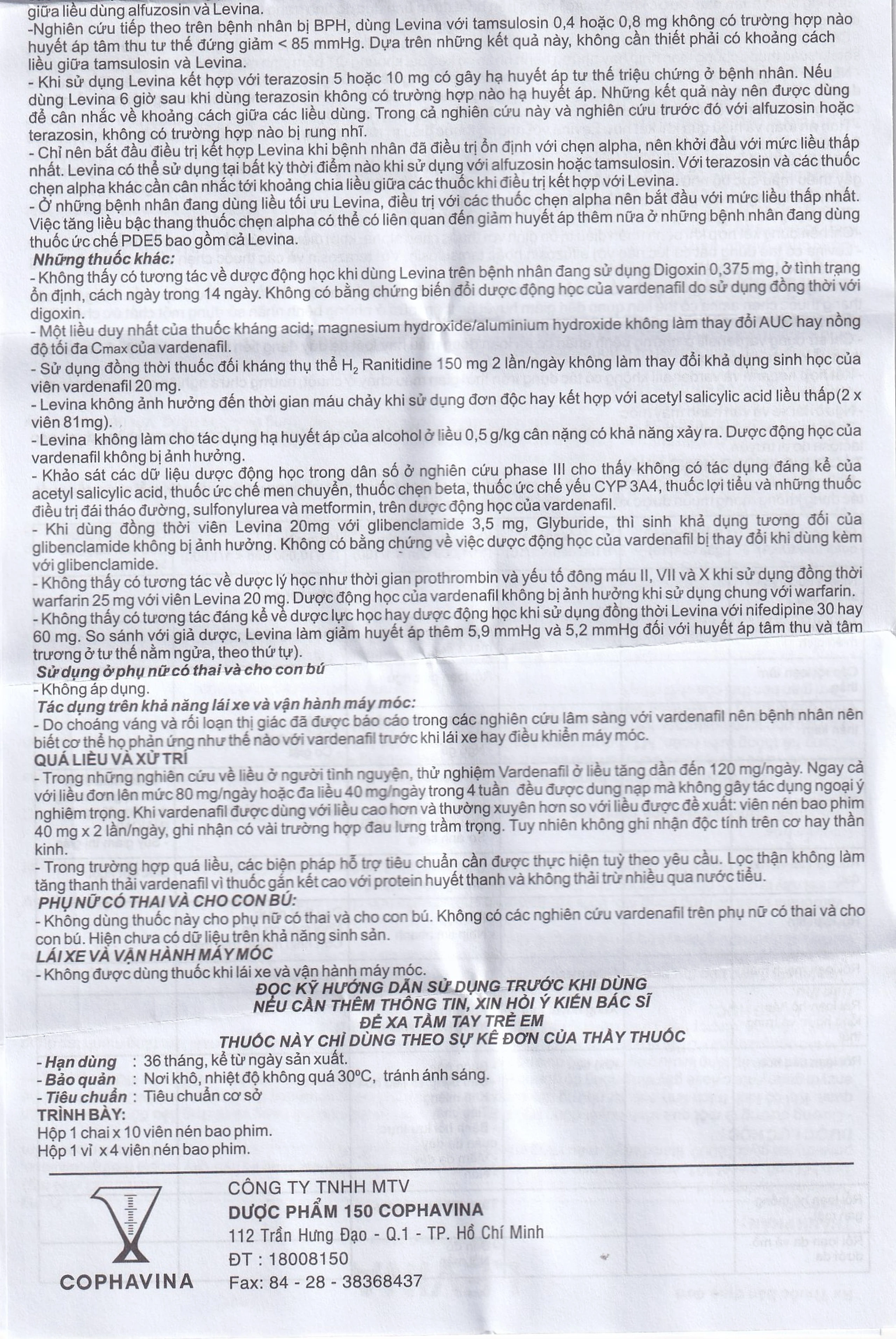 Thuốc Levina 20mg Cophavina điều trị rối loạn chức năng cương dương (1 vỉ x 4 viên)