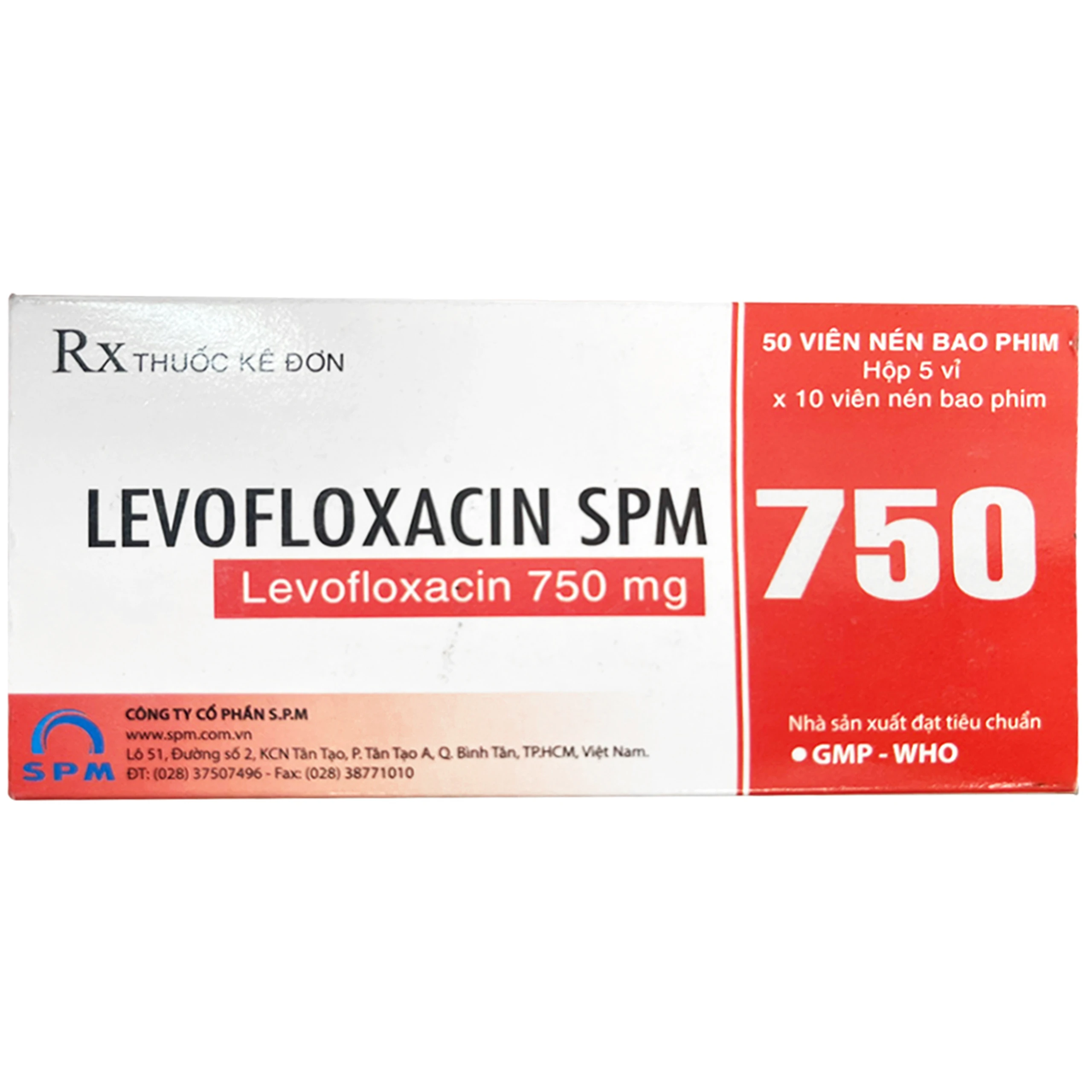 Thuốc Levofloxacin 750 SPM điều trị nhiễm trùng nhẹ, trung bình, viêm xoang cấp, viêm phế quản mãn (5 vỉ x 10 viên)
