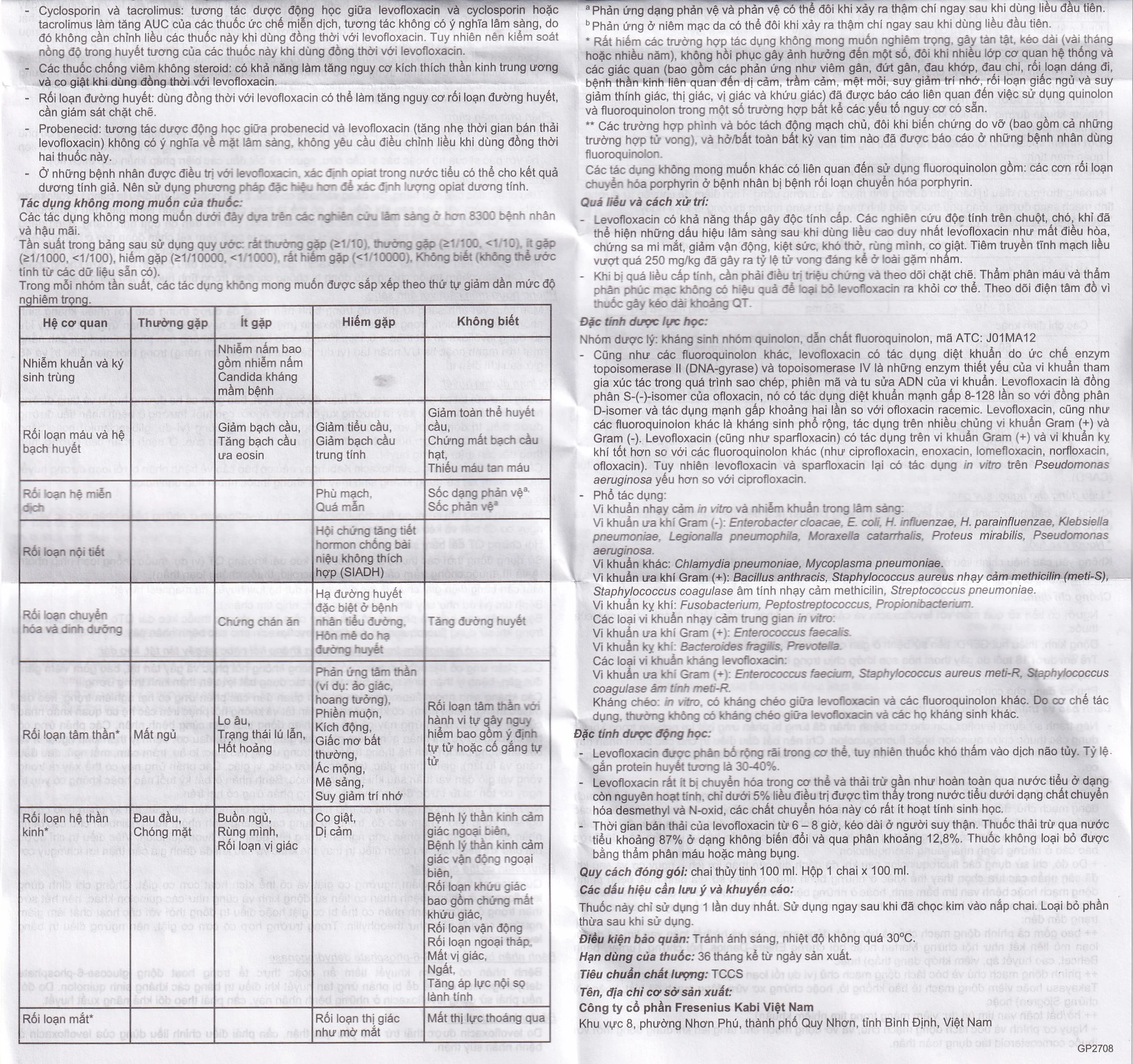 Dịch tiêm truyền Levofloxacin Kabi 100ml Fresenius Kabi điều trị nhiễm khuẩn, viêm phổi