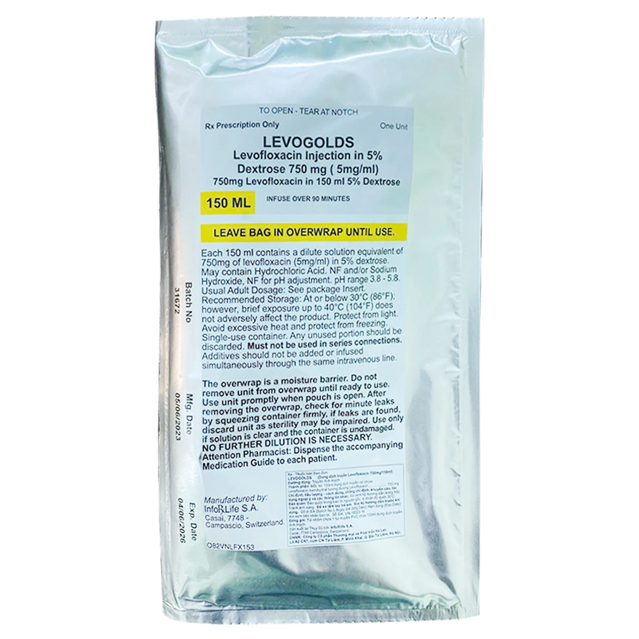 Thuốc Levogolds 750mg Inforlife điều trị nhiễm khuẩn do vi khuẩn nhạy cảm (150ml)