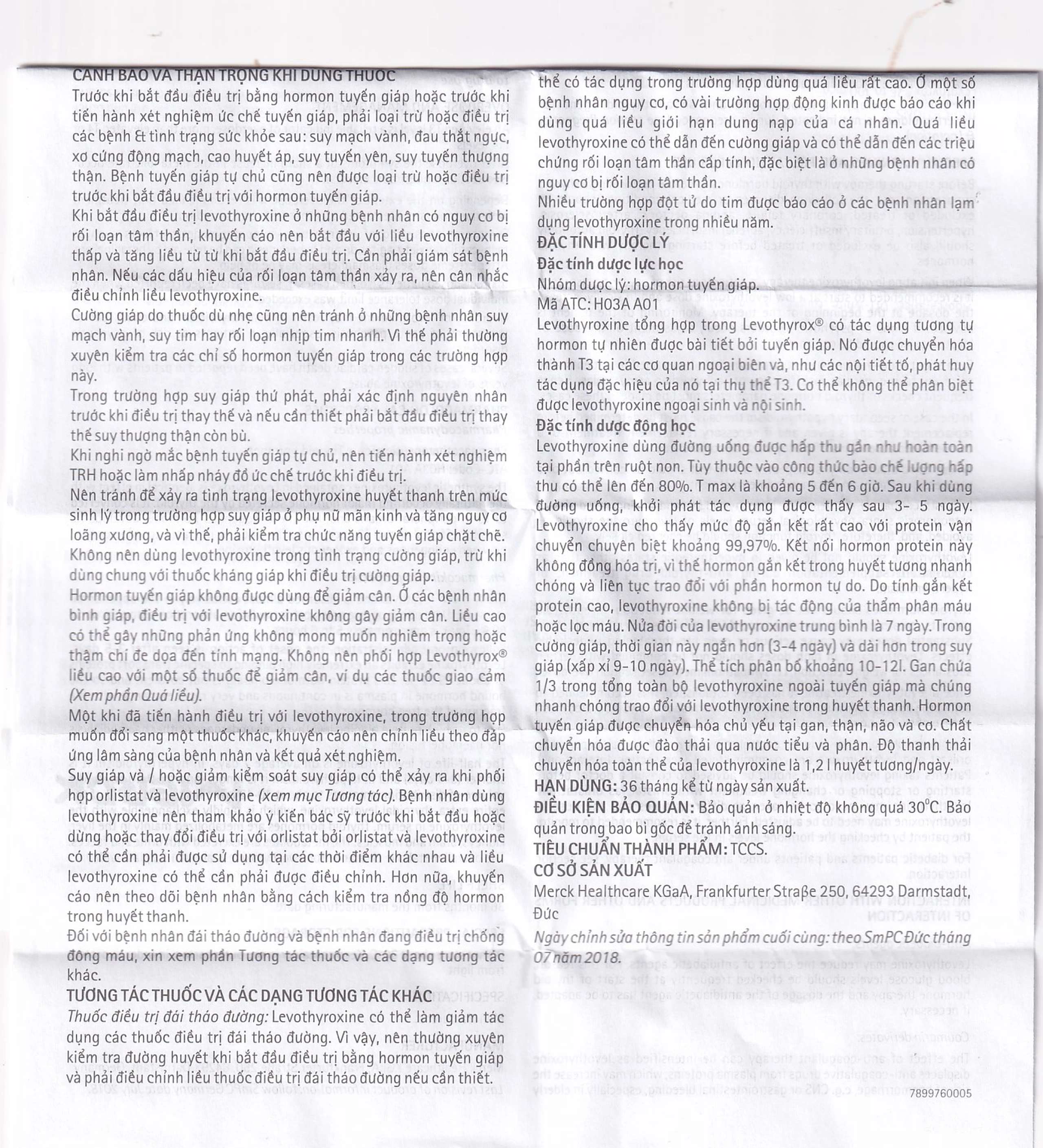 Thuốc Levothyrox 25µg Merck điều trị bướu giáp đơn thuần lành tính (2 vỉ x 15 viên)
