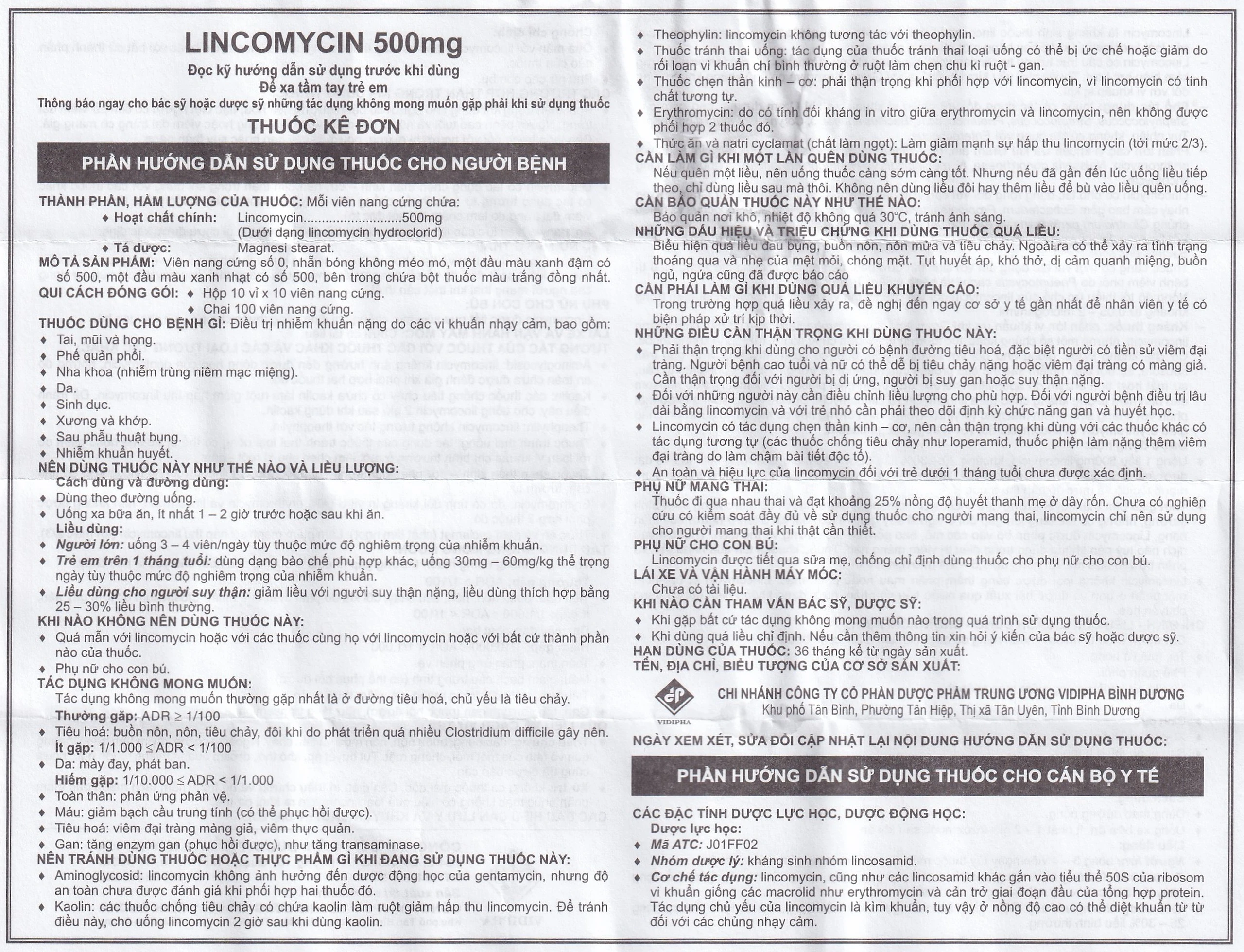Thuốc Lincomycin 500mg Vidipha điều trị nhiễm khuẩn tai mũi họng, phế quản, phổi (10 vỉ x 10 viên)