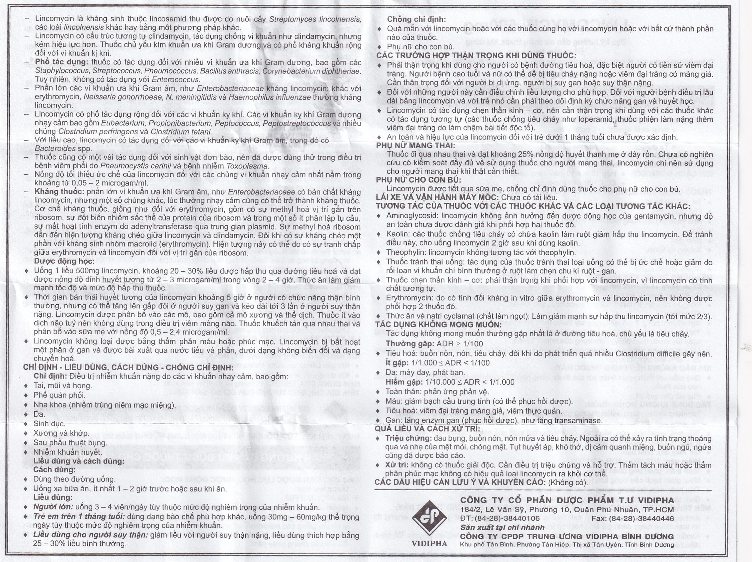 Thuốc Lincomycin 500mg Vidipha điều trị nhiễm khuẩn tai mũi họng, phế quản, phổi (10 vỉ x 10 viên)