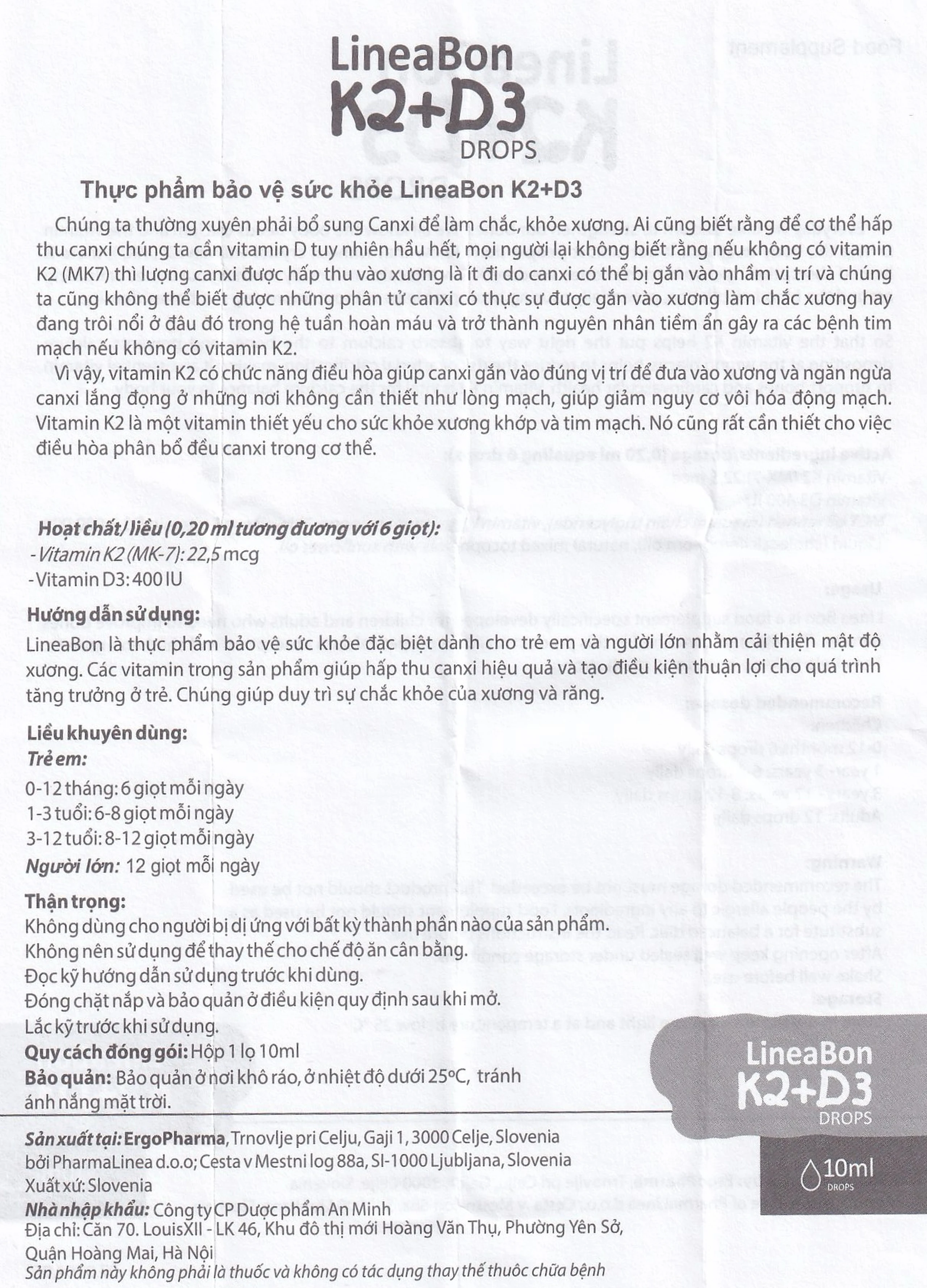 Siro giúp hỗ trợ hấp thụ canxi LineaBon K2+D3 ErgoPharm (10ml)