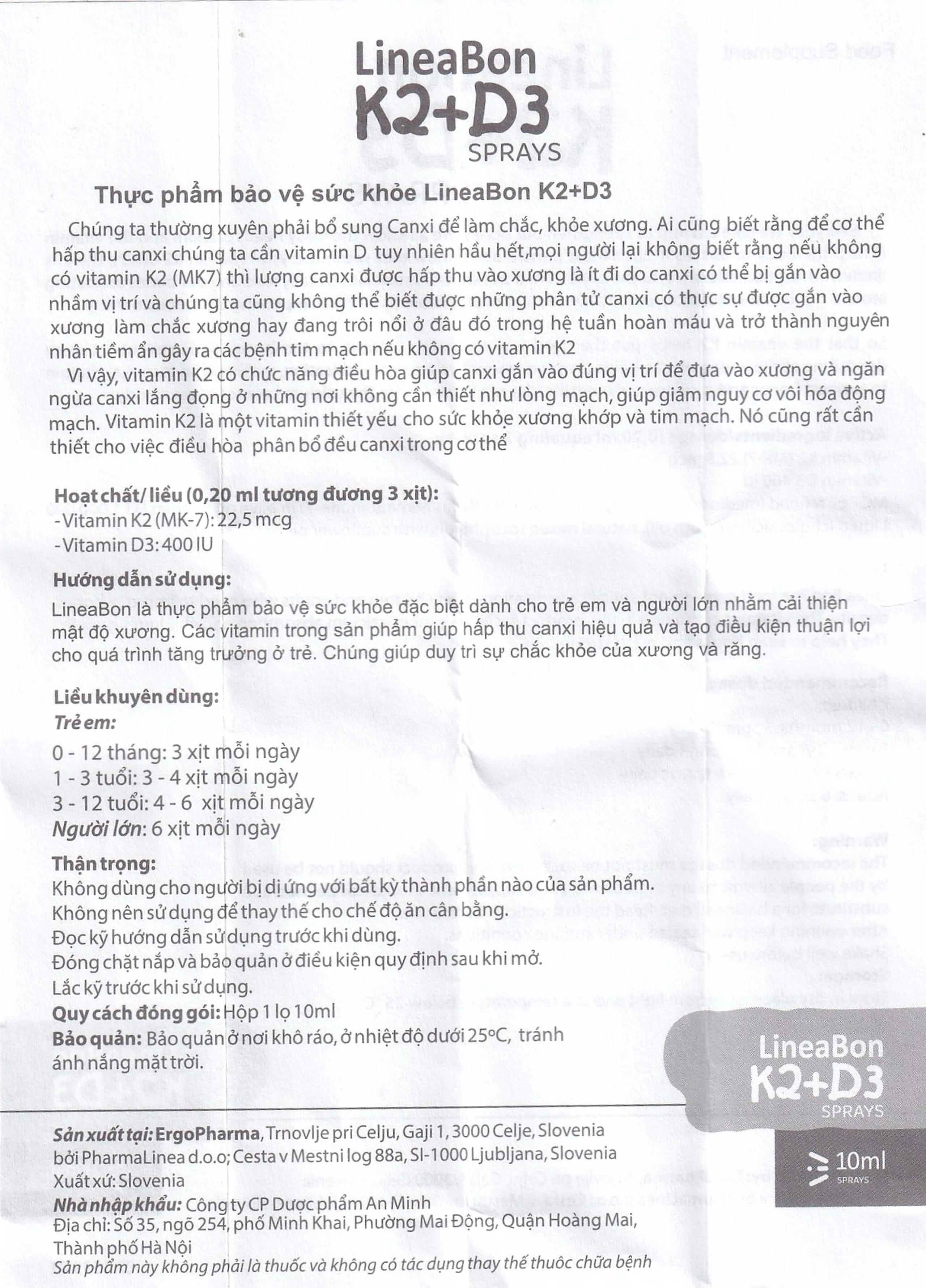 Chai xịt giúp hỗ trợ hấp thụ canxi LineaBon K2+D3 Ergopharma (10ml)