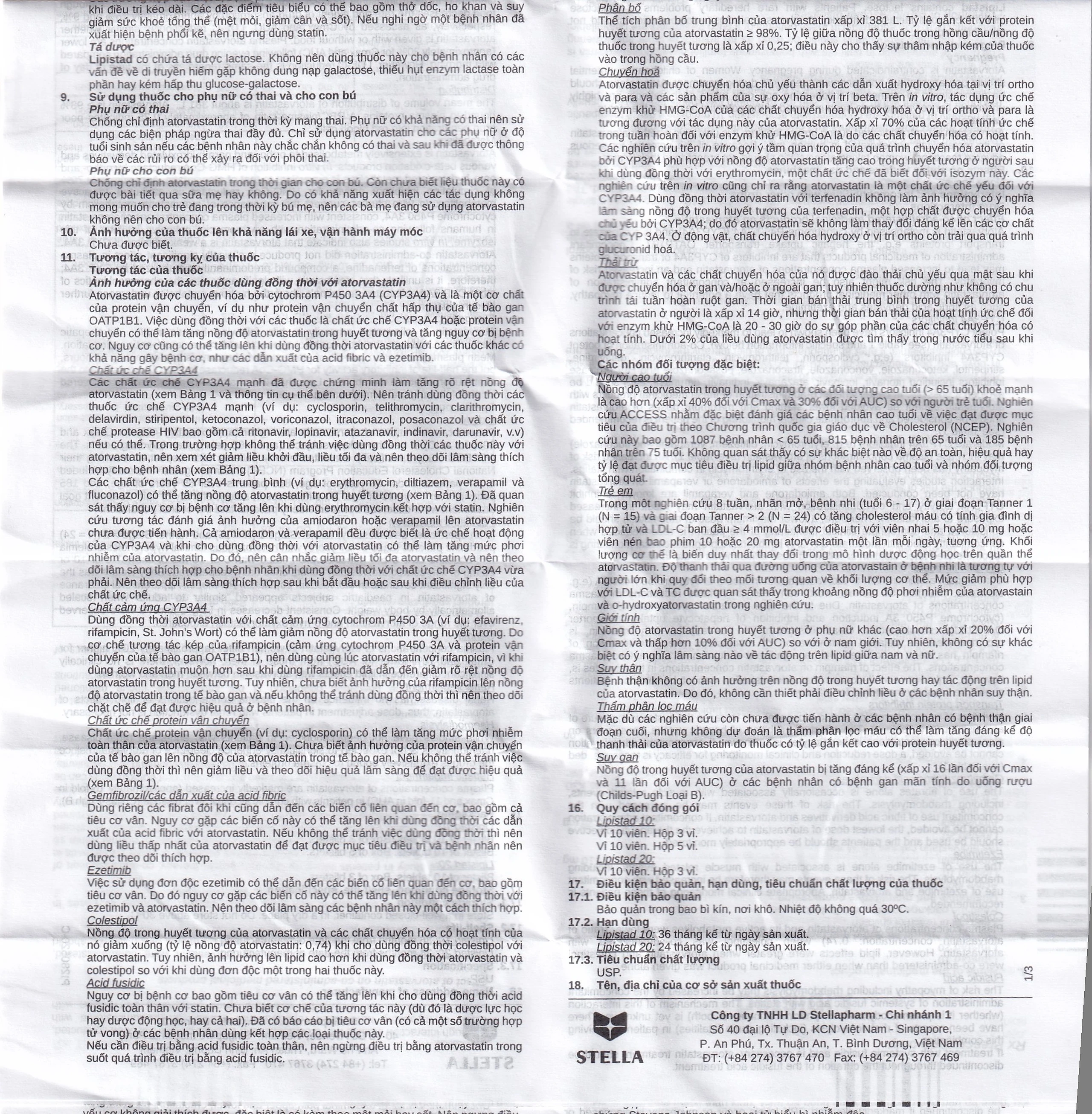 Viên nén Lipistad 20 Stella điều trị tăng cholesterol máu (3 vỉ x 10 viên)