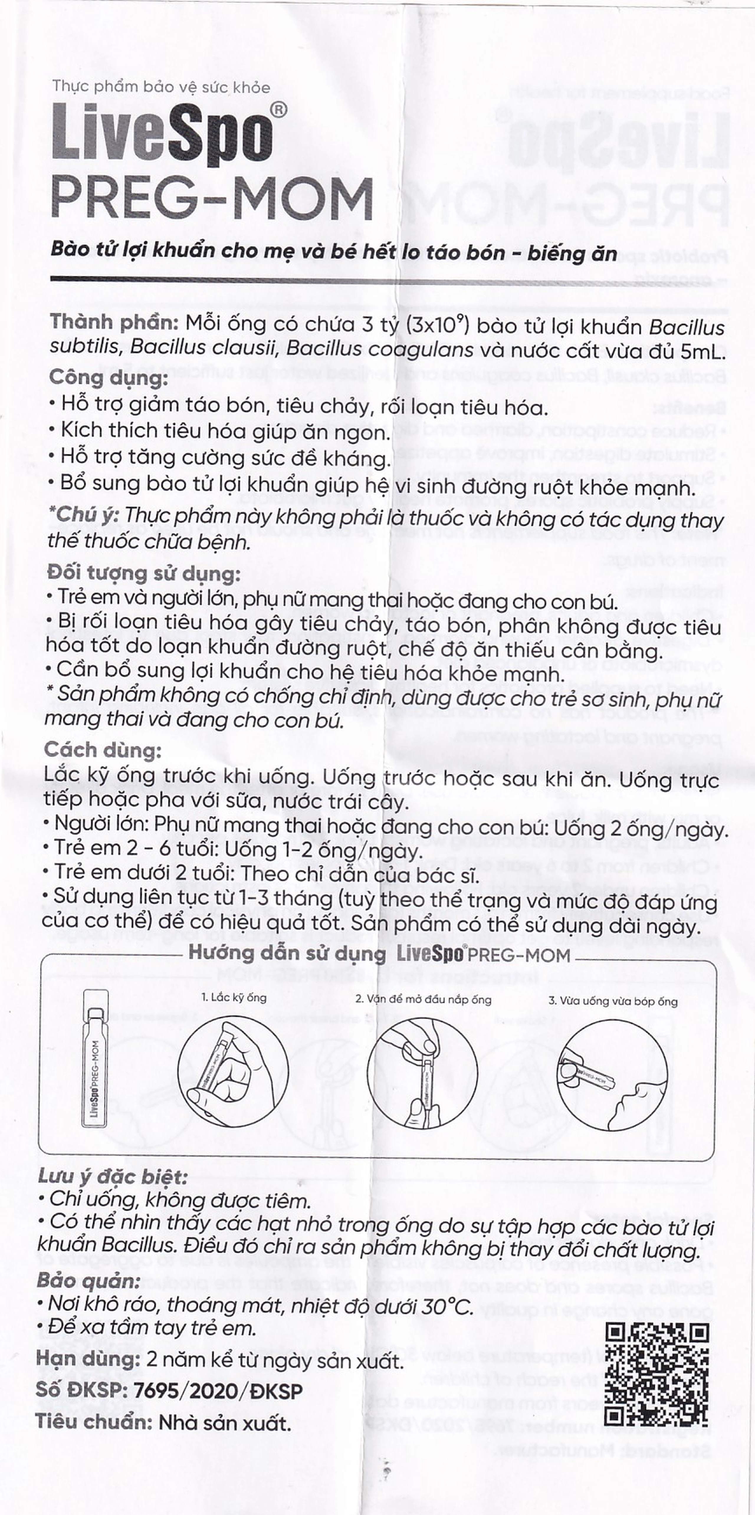 Bào tử lợi khuẩn cho mẹ và bé hết lo táo bón - biếng ăn LiveSpo PREG-MOM (20 ống x 5ml)