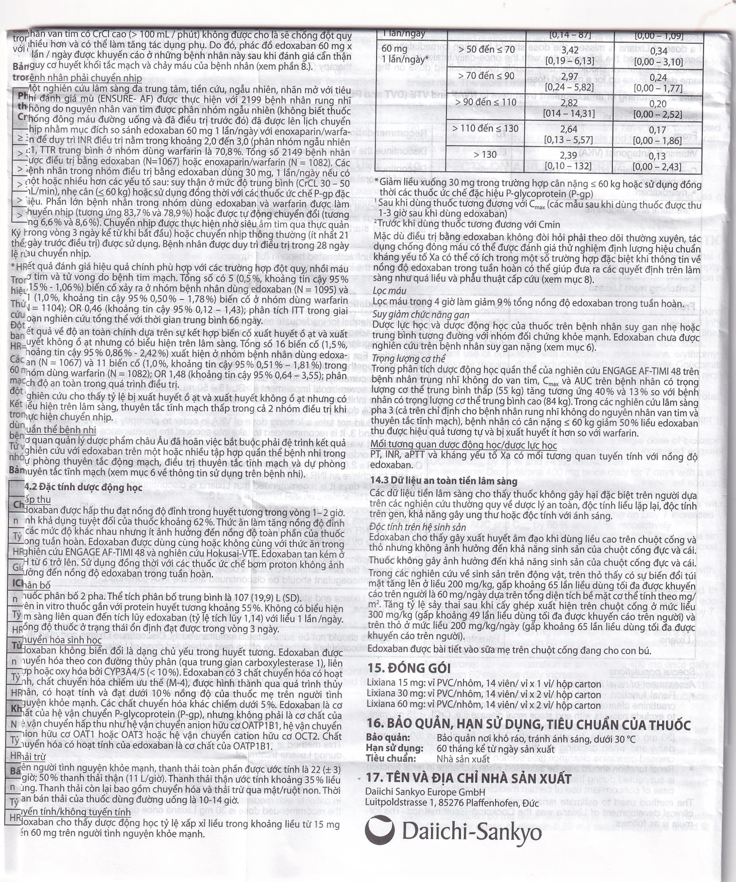 Thuốc Lixiana 60mg Daiichi-Sankyo phòng ngừa đột quỵ và cục máu đông (2 vỉ x 14 viên)