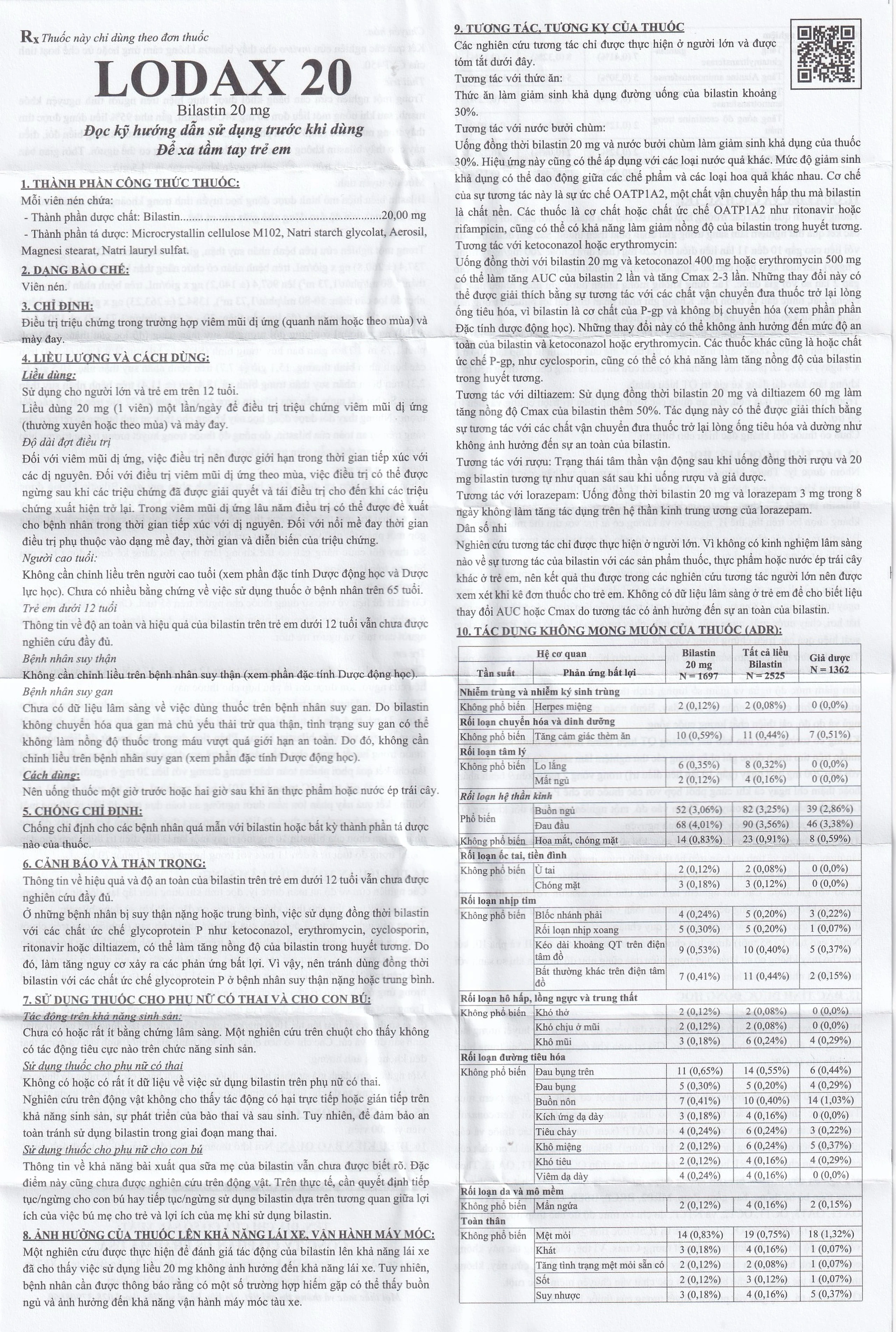 Thuốc Lodax 20mg USP điều trị triệu chứng trong trường hợp viêm mũi dị ứng và mày đay (3 vỉ x 10 viên)