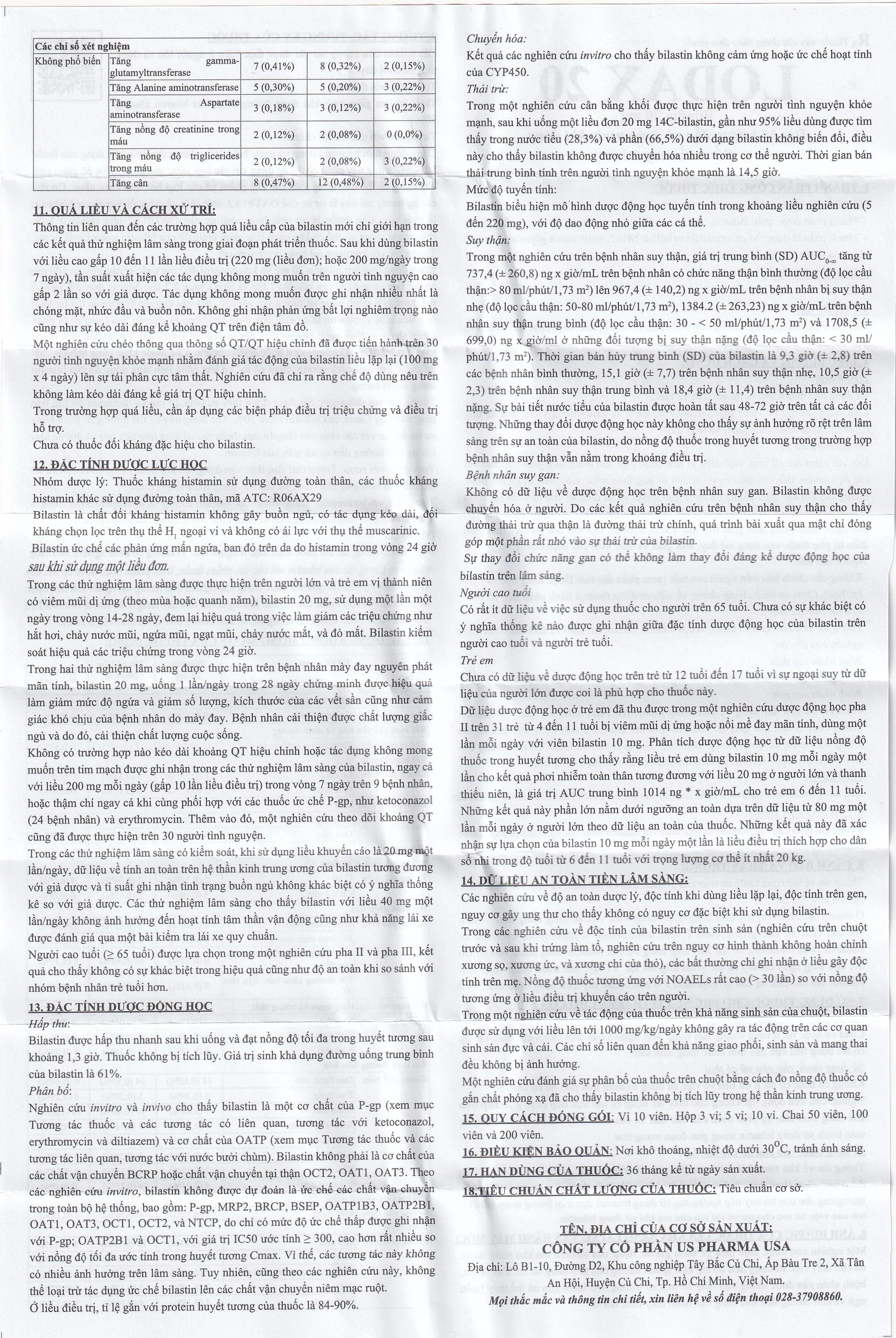 Thuốc Lodax 20mg USP điều trị triệu chứng trong trường hợp viêm mũi dị ứng và mày đay (3 vỉ x 10 viên)