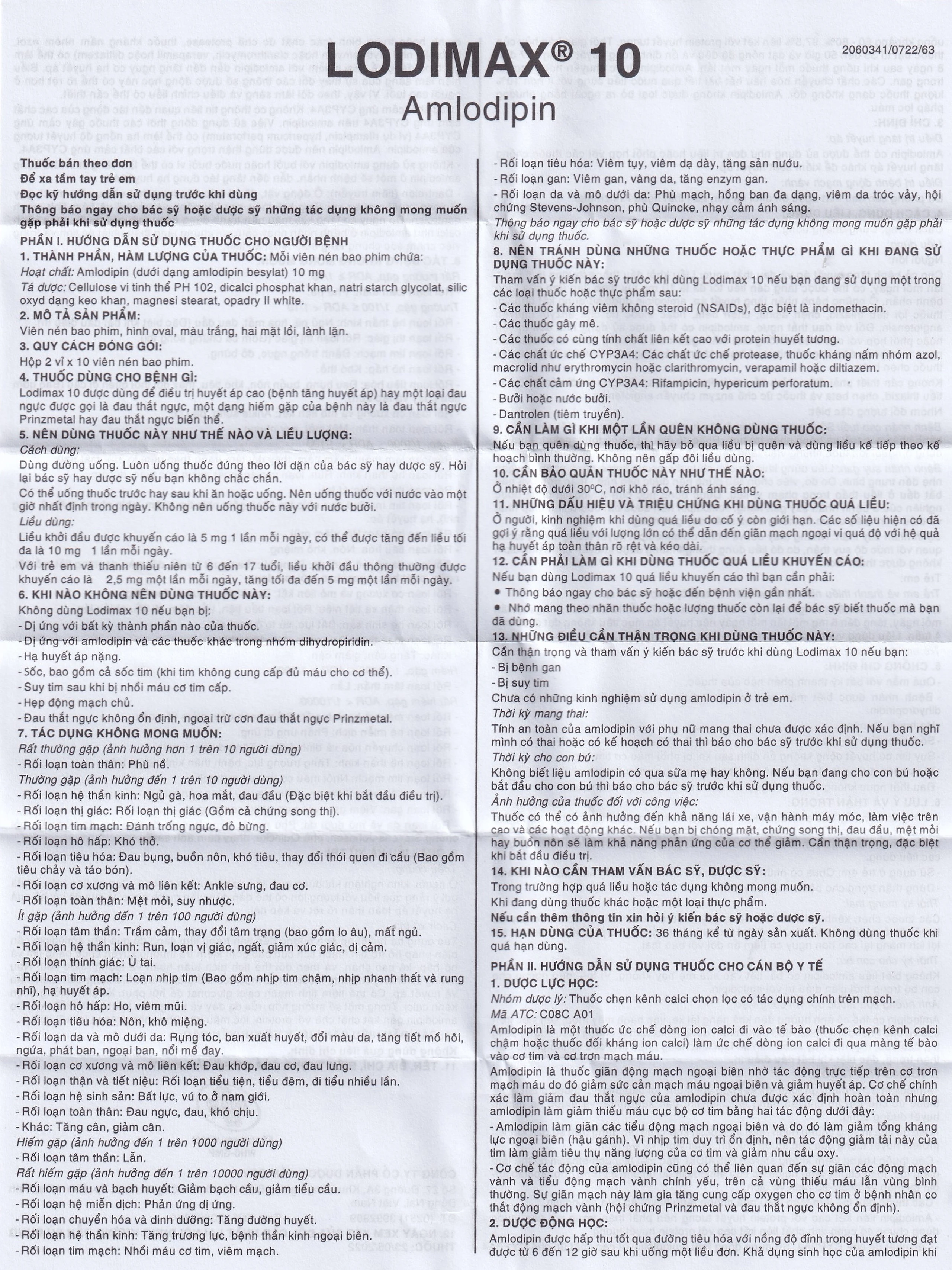 Viên nén Lodimax 10 OPV Pharma chống tăng huyết áp, đau thắt ngực (2 vỉ x 10 viên) 