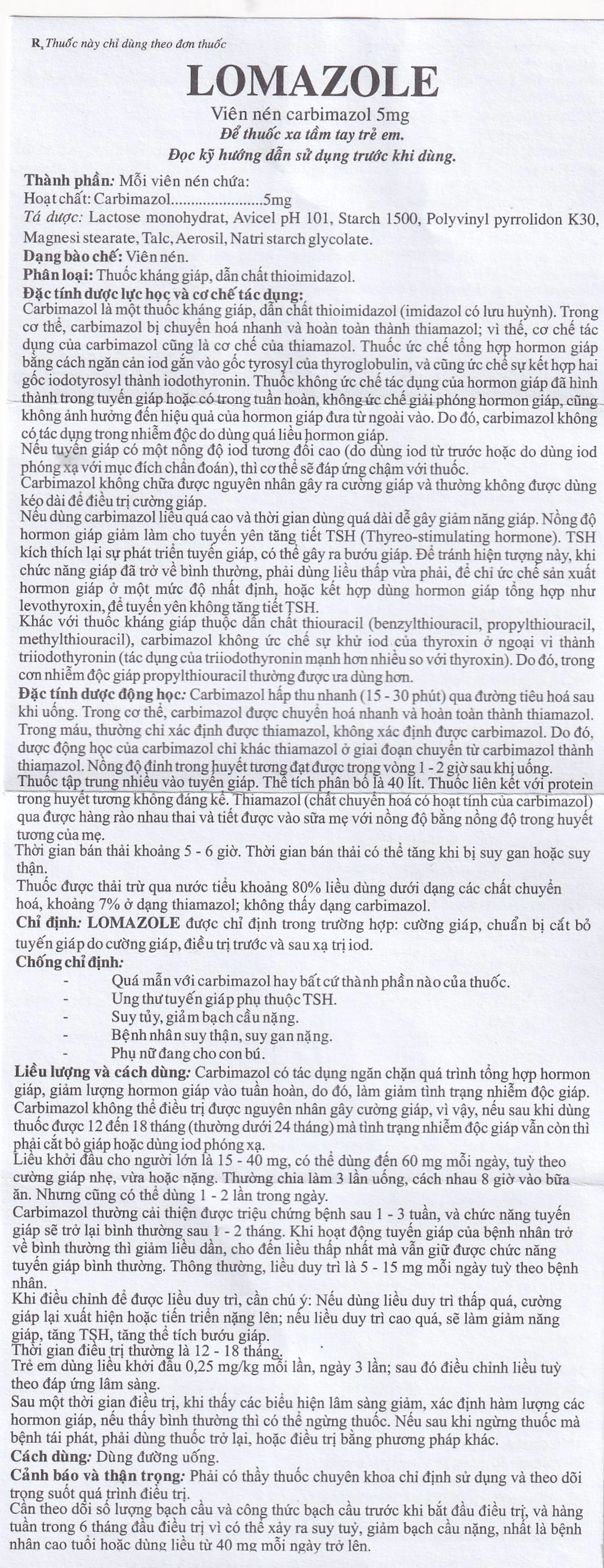 Thuốc Lomazole 5mg US Pharma điều trị bệnh Basedow, nhiễm độc tuyến giáp, cường giáp khi thai nghén (10 vỉ x 10 viên)