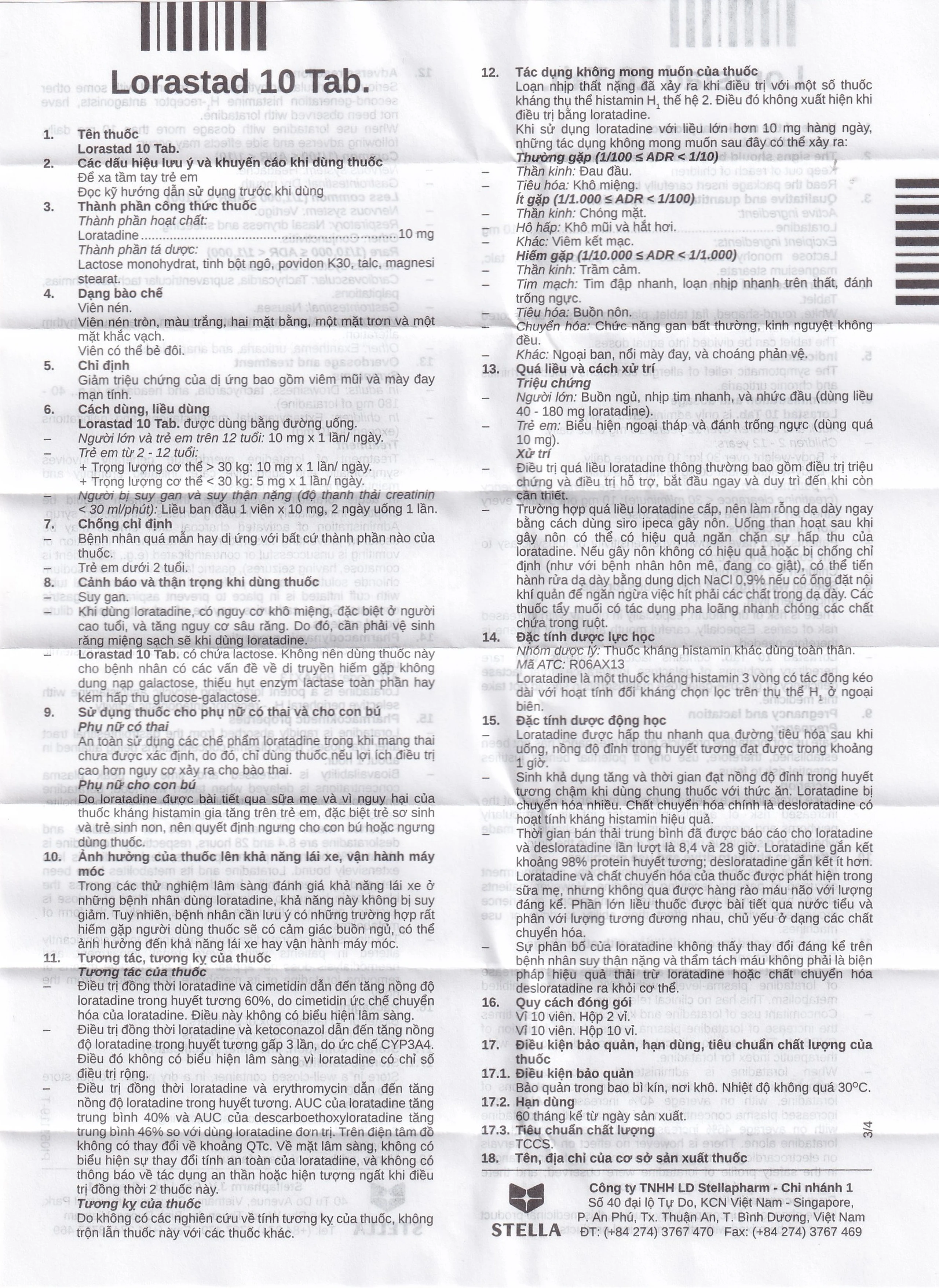 Viên nén Lorastad 10 Tab Stella giảm viêm mũi và mày đay mạn tính (2 vỉ x 10 viên)