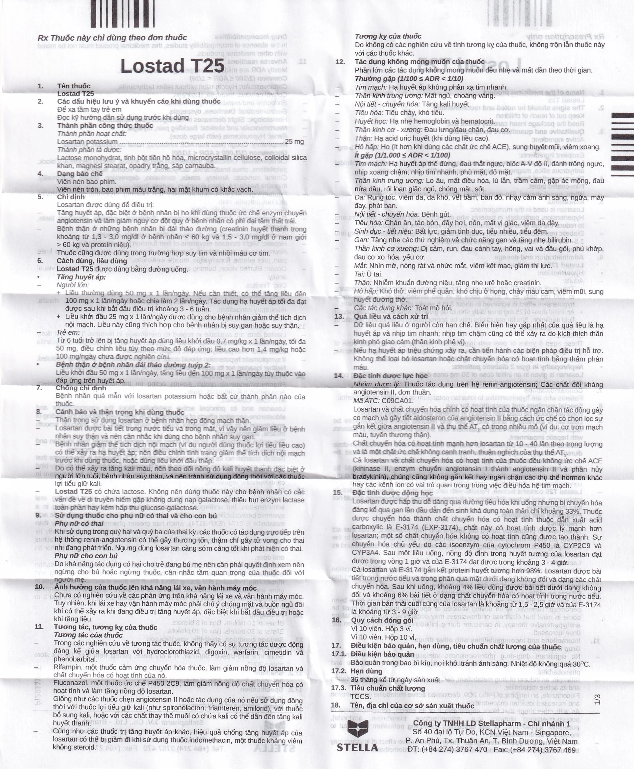 Thuốc Lostad T25 25mg Stella điều trị tăng huyết áp (3 vỉ x 10 viên)