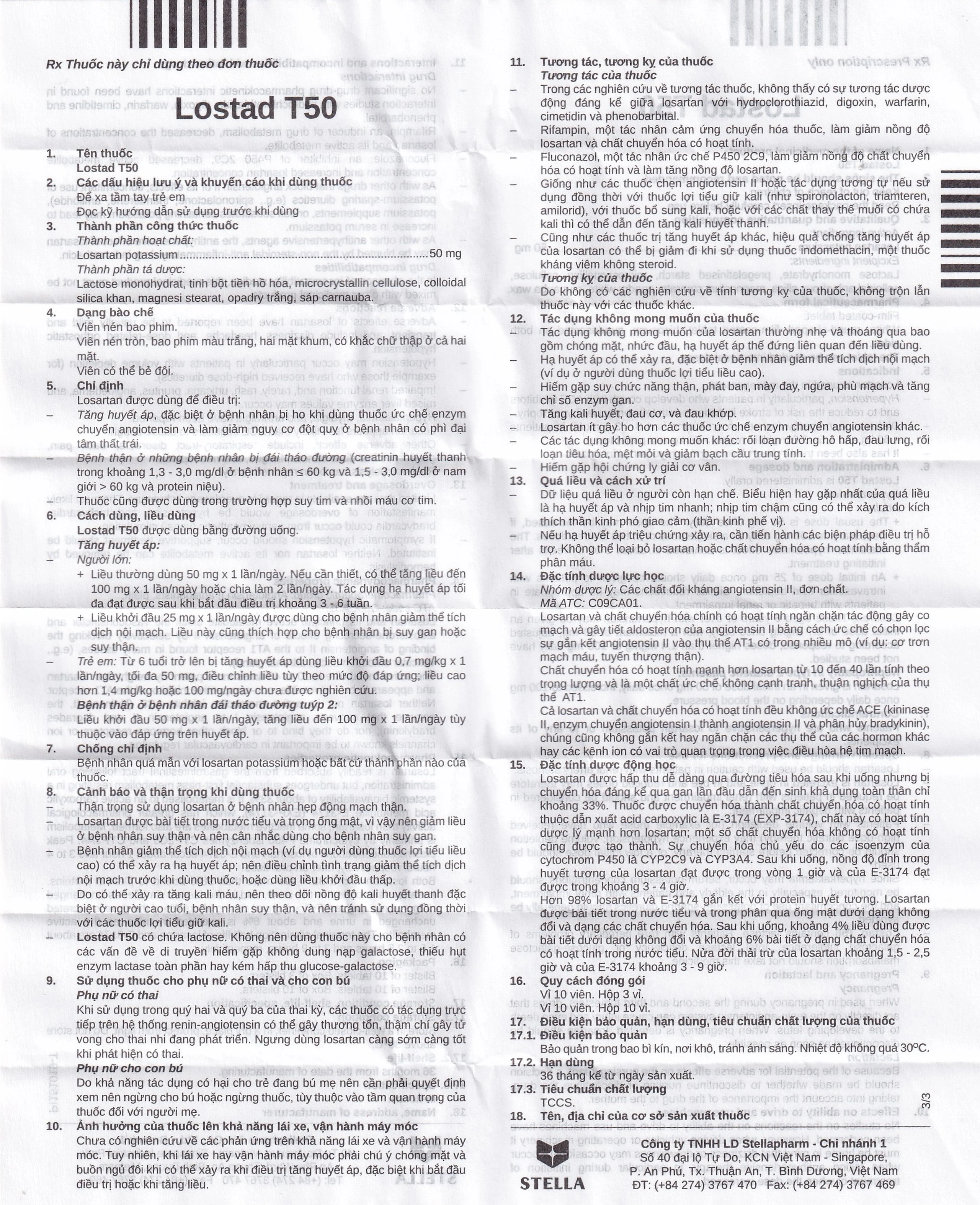 Thuốc Lostad T50 50mg Stella điều trị tăng huyết áp (3 vỉ x 10 viên)