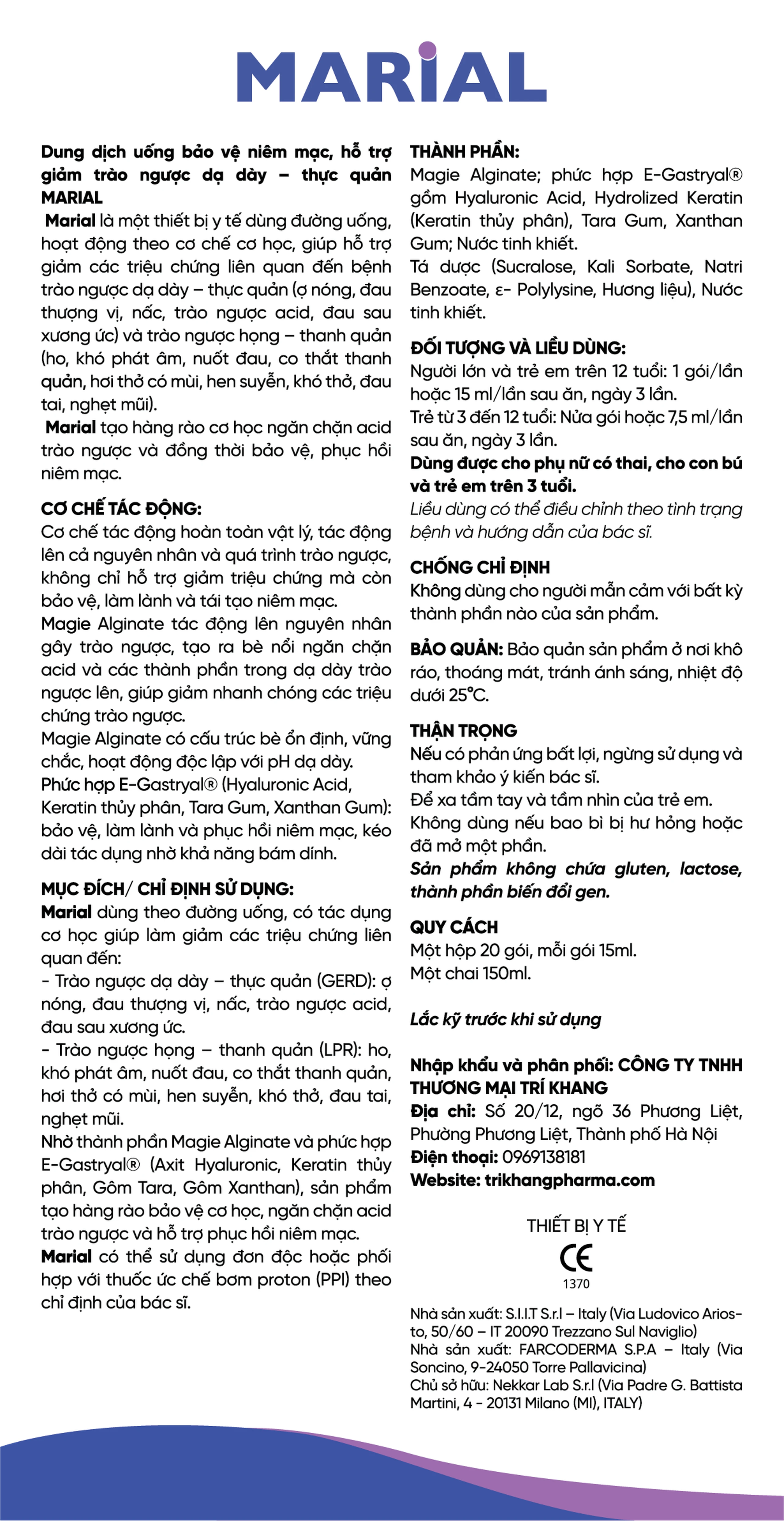 Marial Gel (20 gói x 15ml) chống trào ngược dạ dày thực quản, ợ chua, khó tiêu, bảo vệ và tái tạo phục hồi niêm mạc họng