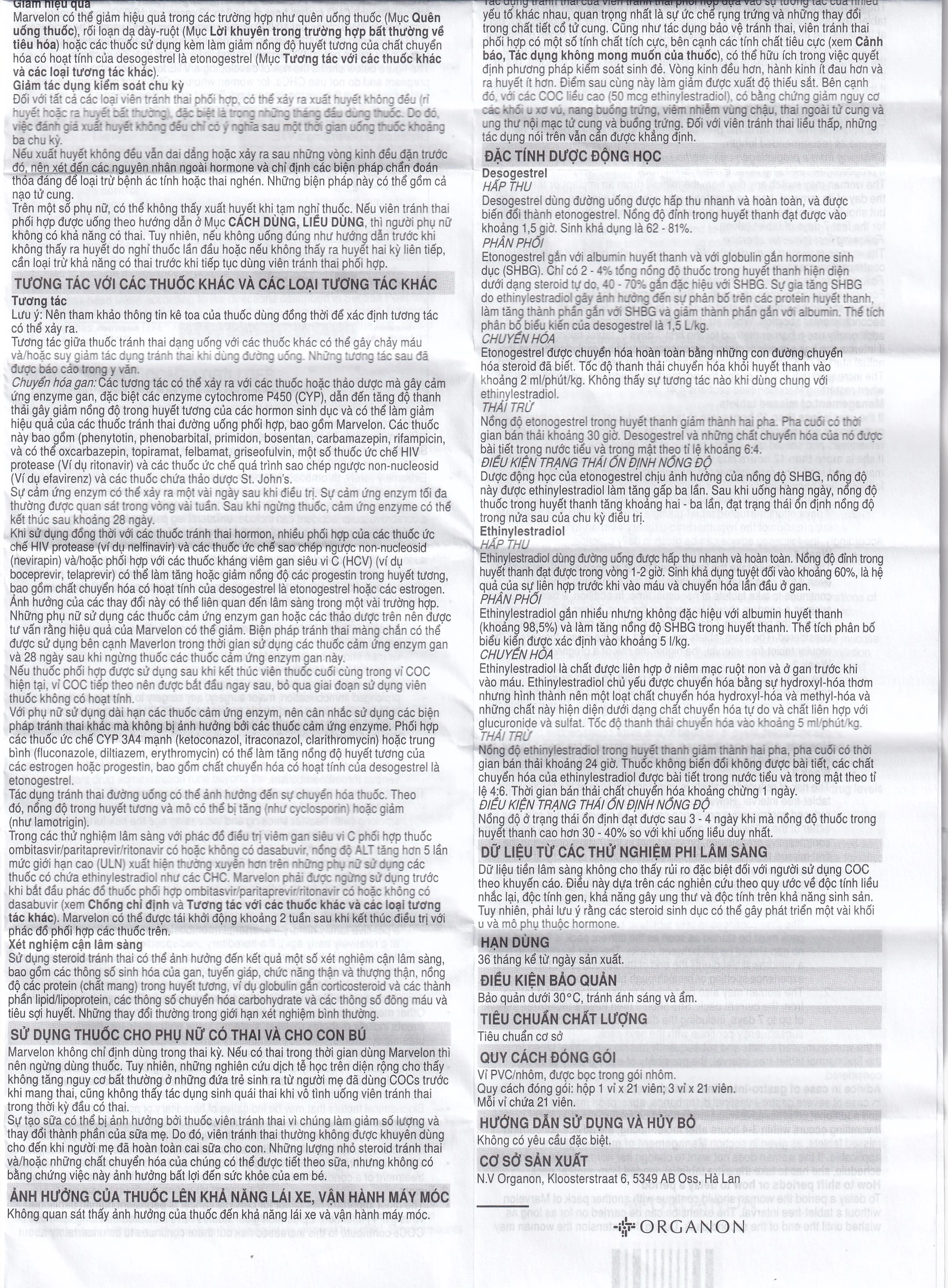 Thuốc tránh thai Marvelon Organon (21 viên)