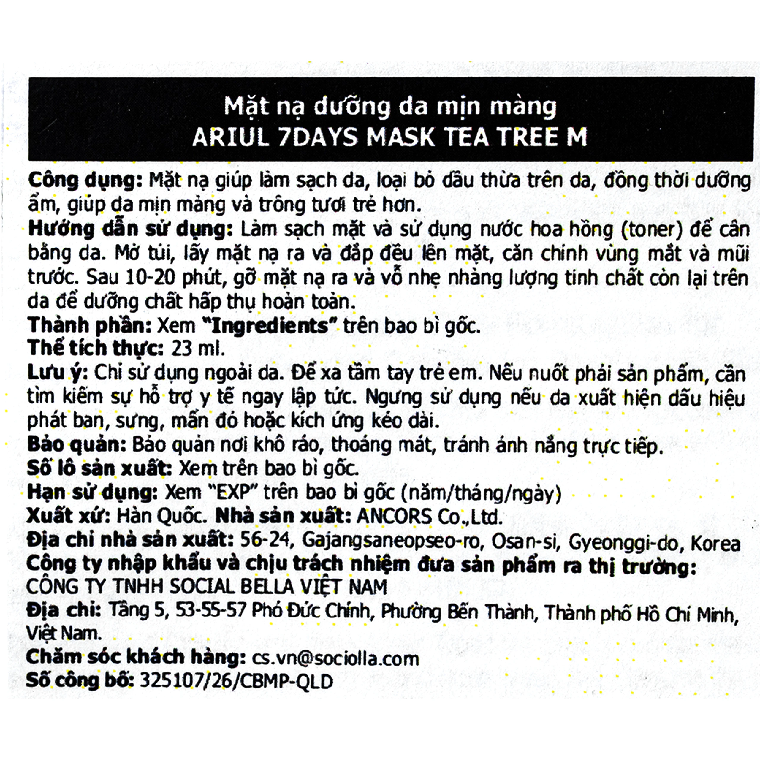 Mặt nạ Ariul 7Days Tea Tree M giúp giảm mẩn đỏ, hỗ trợ cải thiện da mụn (23ml) 3