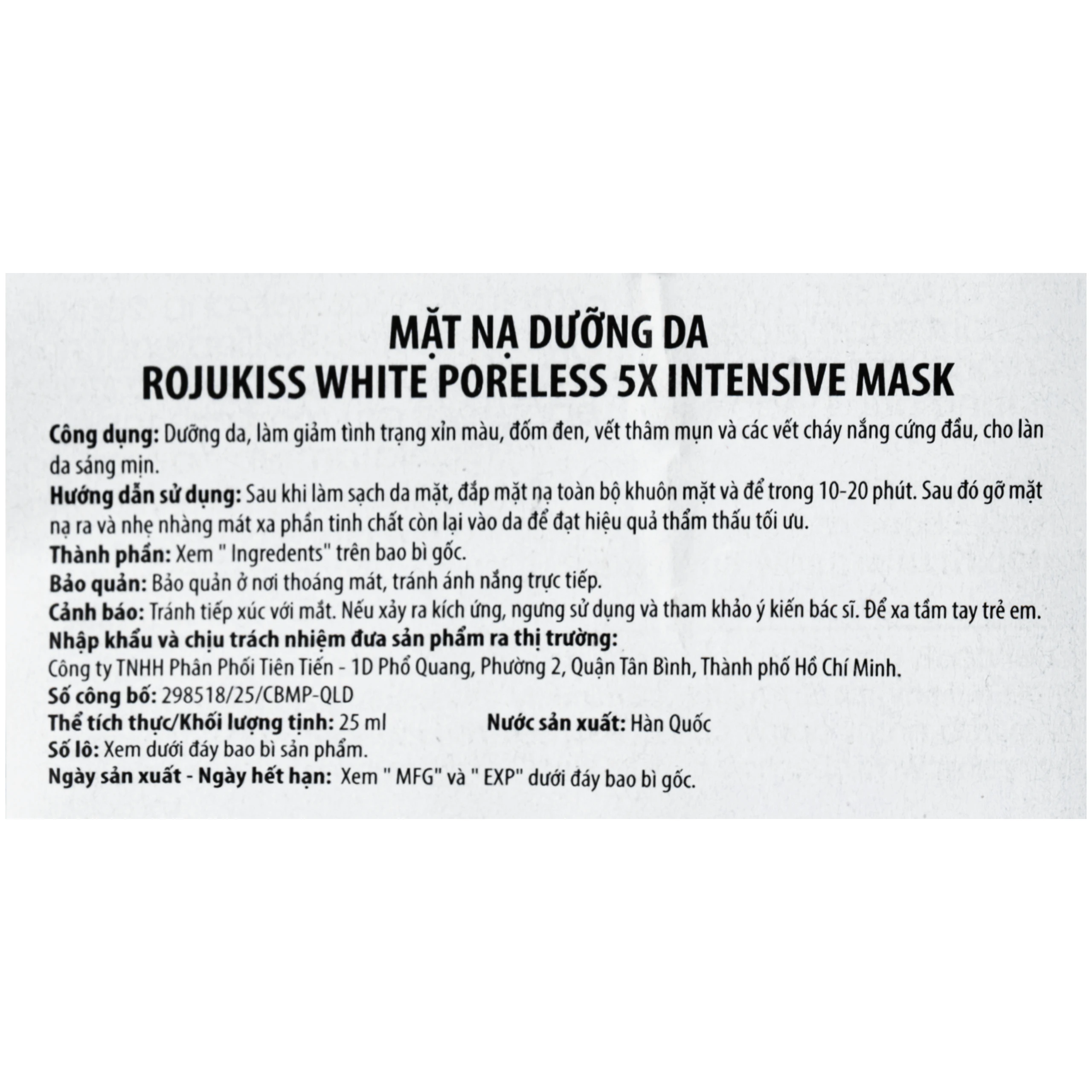Mặt nạ Rojukiss White Poreless 5X giúp dưỡng sáng da, se khít lỗ chân lông (Hộp 12 miếng) 6