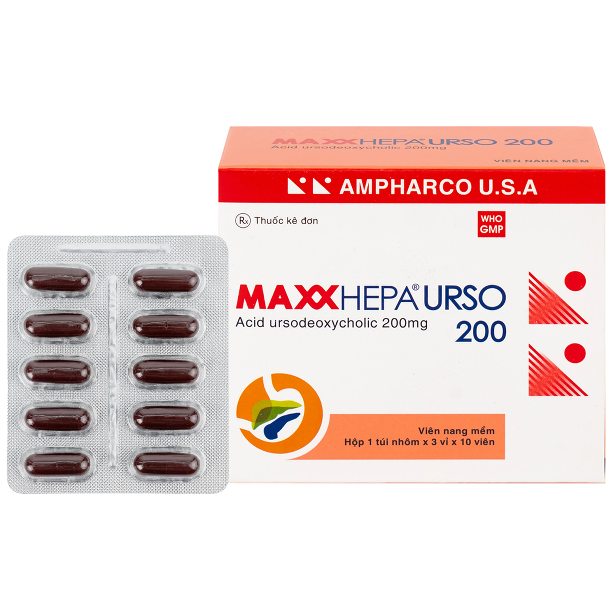 Thuốc Maxxhepa Urso 200 Ampharco điều trị xơ gan do mật nguyên phát, tan sỏi túi mật cholesterol (3 vỉ x 10 viên)