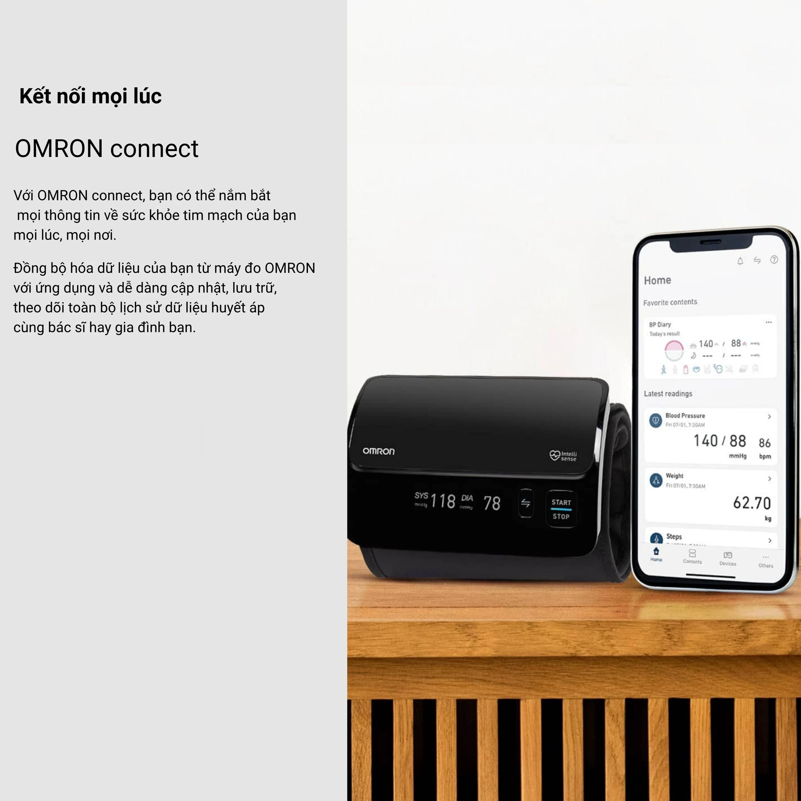Máy đo huyết áp bắp tay không dây Omron HEM 7600T hỗ trợ đo huyết áp, nhịp tim