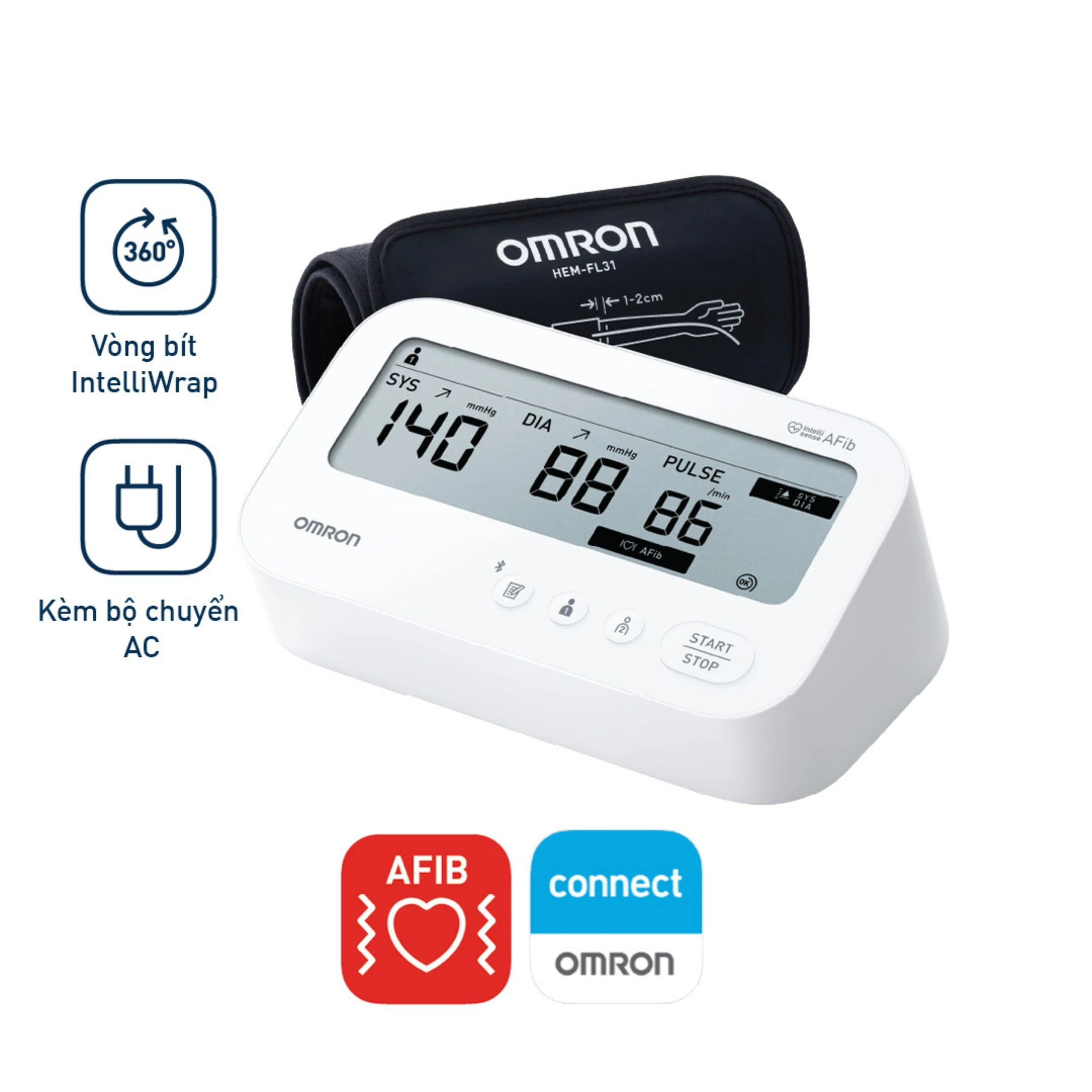 Máy đo huyết áp bắp tay Omron IQ BT Power Hem 7194T1 Flc Afib hỗ trợ đo huyết áp, cảnh báo đột quỵ