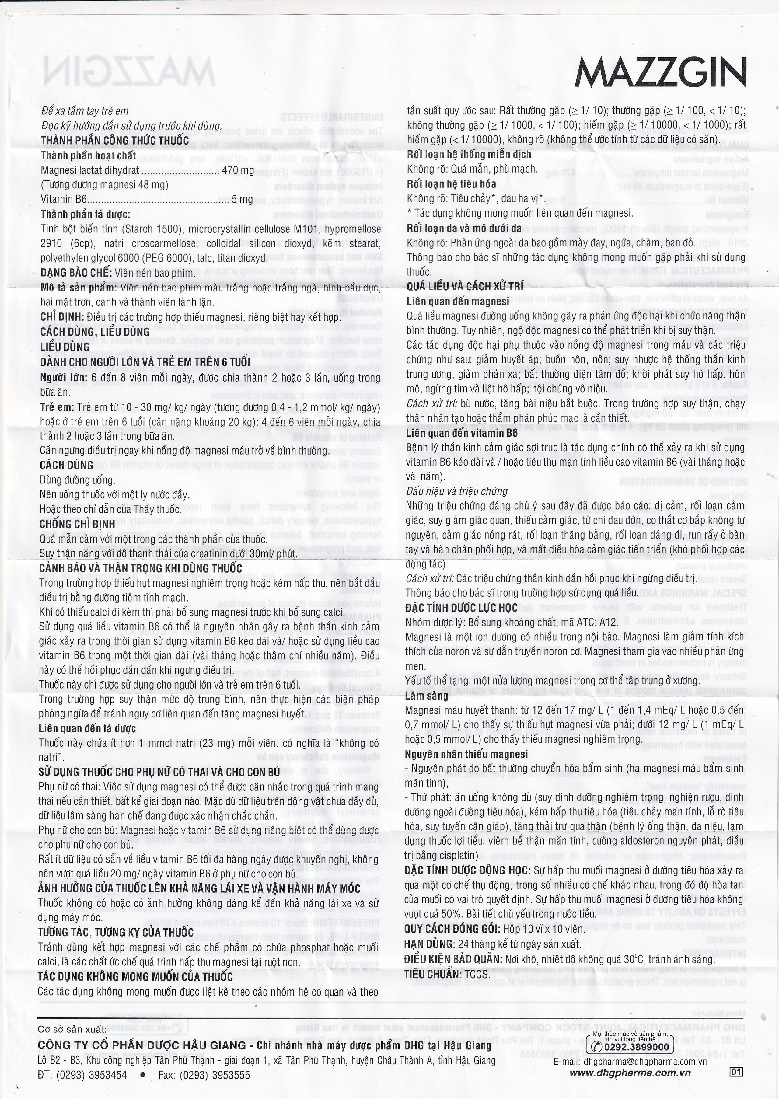 Thuốc Mazzgin DHG Pharma điều trị các trường hợp thiếu magnesi riêng biệt hay kết hợp (10 vỉ x 10 viên)
