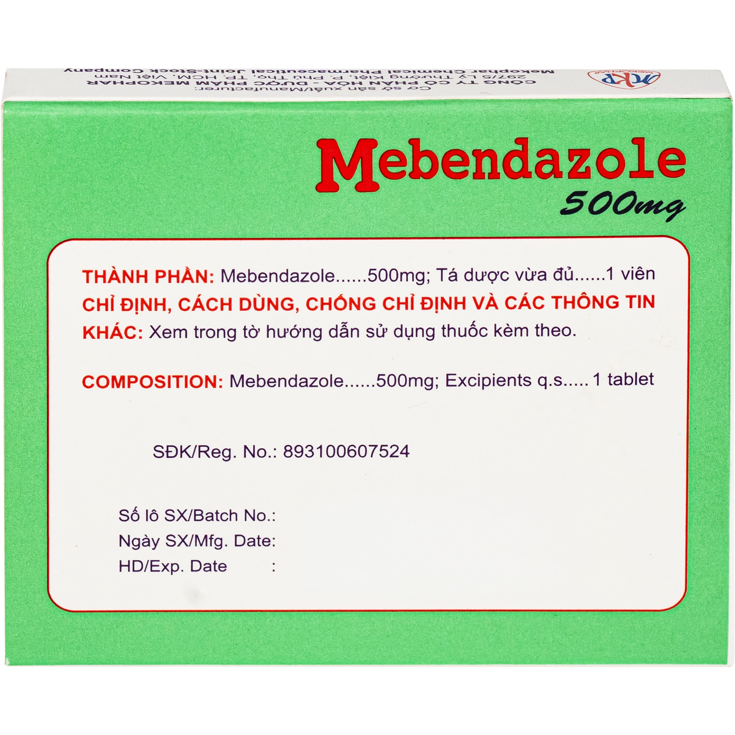 Viên nén Mebendazole 500mg Mekophar điều trị nhiễm một hay nhiều loại giun (1 viên) 3