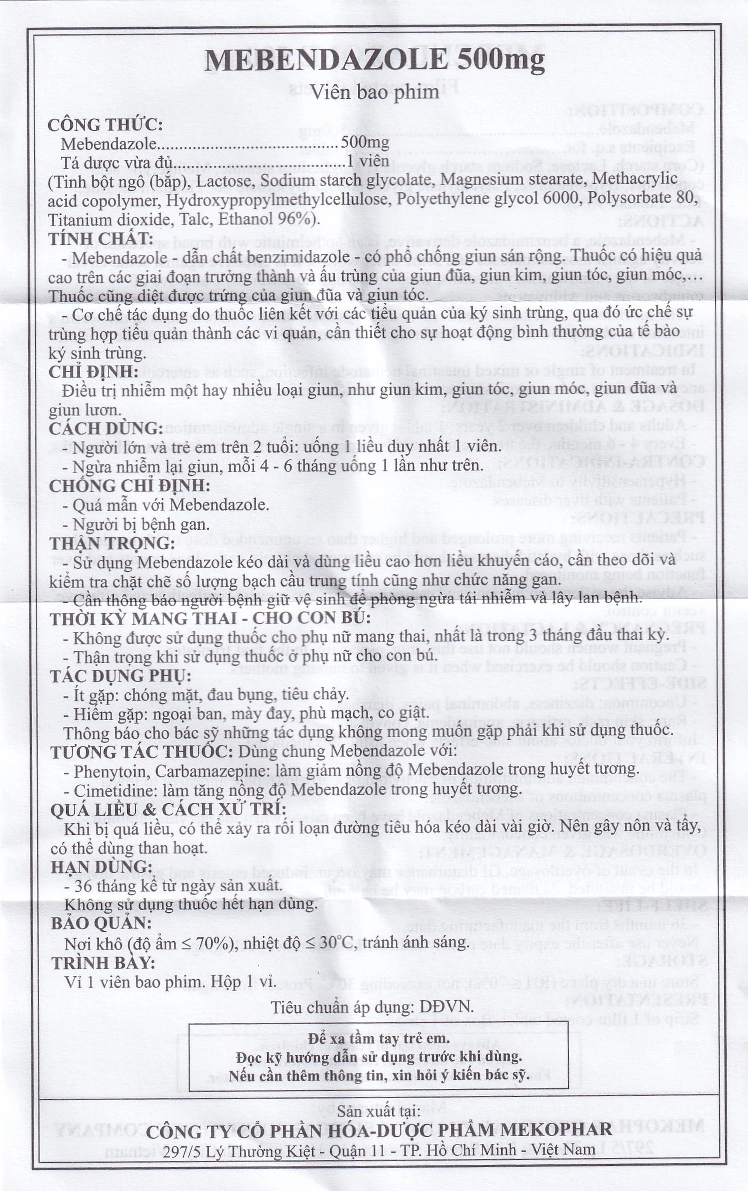 Viên nén Mebendazole 500mg Mekophar điều trị nhiễm một hay nhiều loại giun (1 viên)