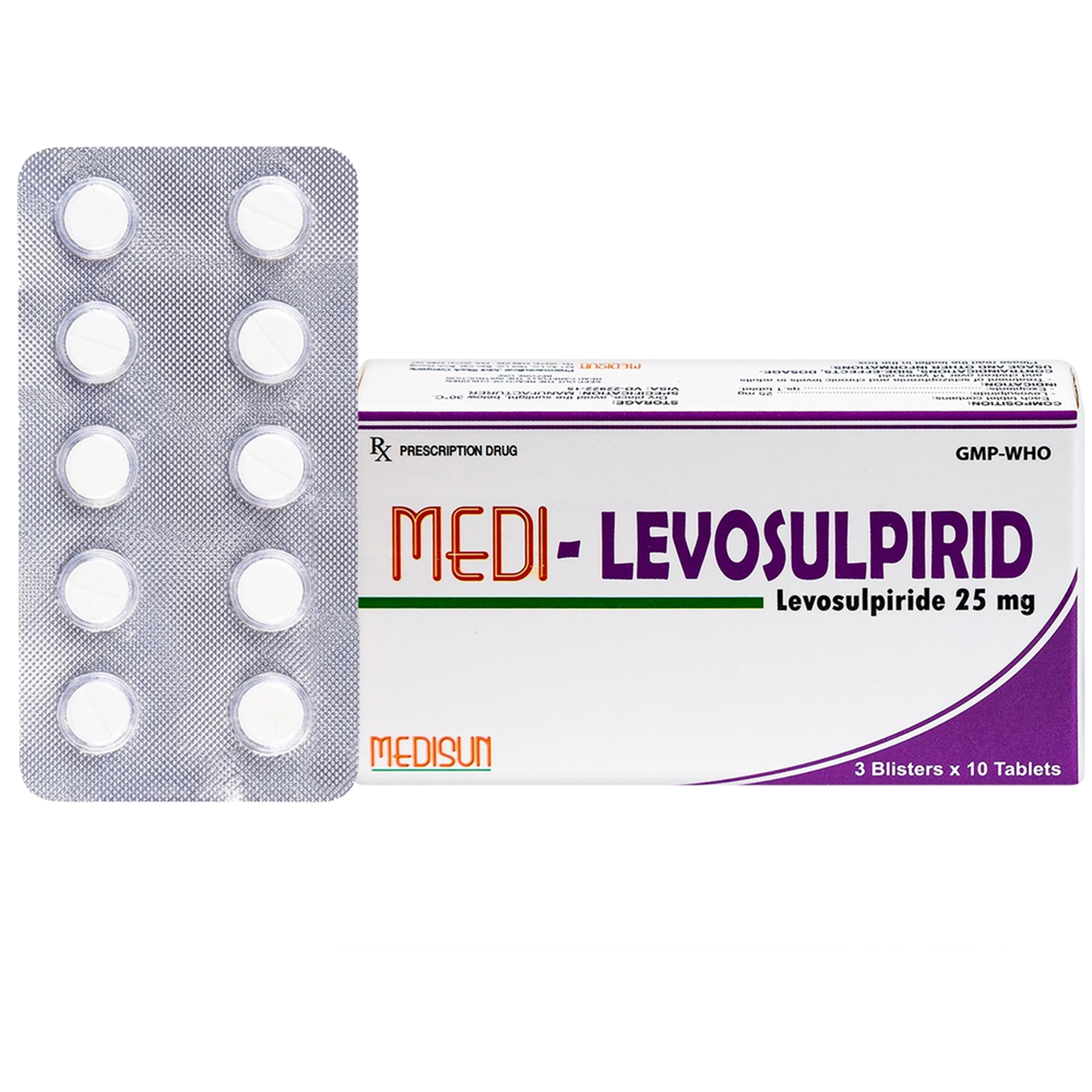 Viên nén Medi-Levosulpirid 25mg Medisun điều trị tâm thần phân liệt cấp và mạn tính (3 vỉ x 10 viên) 1