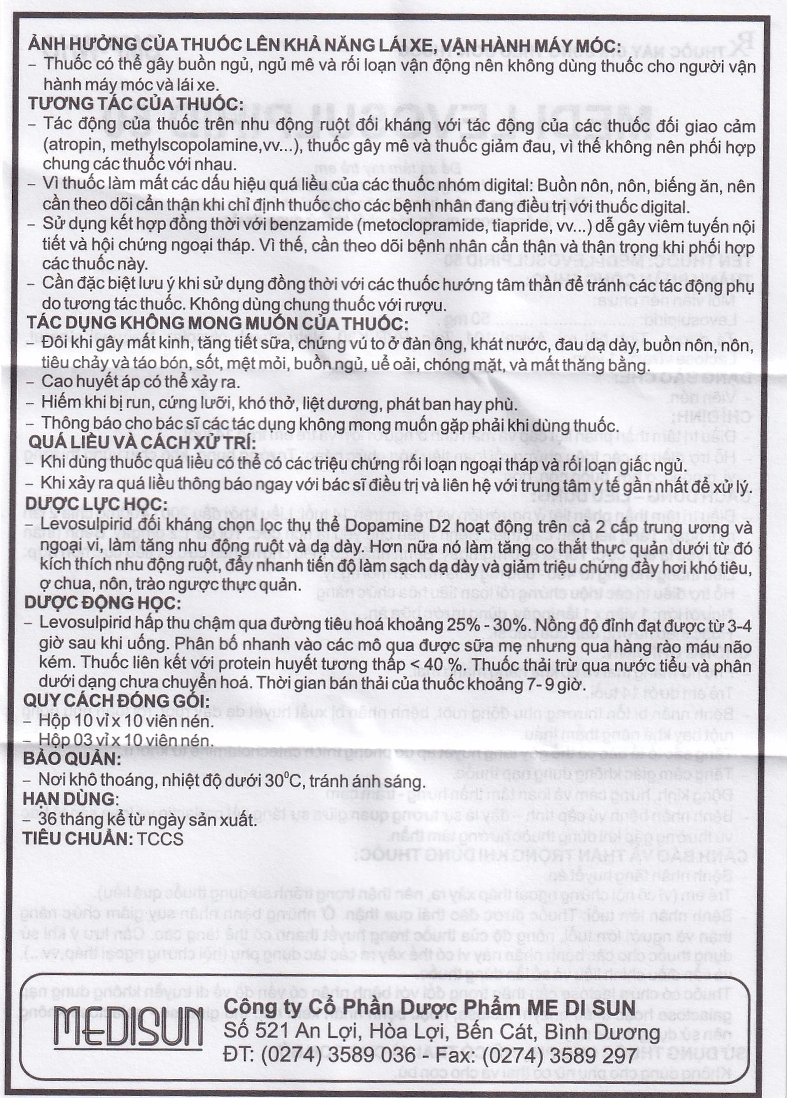 Viên nén Medi-Levosulpirid 50 Medisun điều trị tâm thần phân liệt, rối loạn tiêu hóa (3 vỉ x 10 viên)