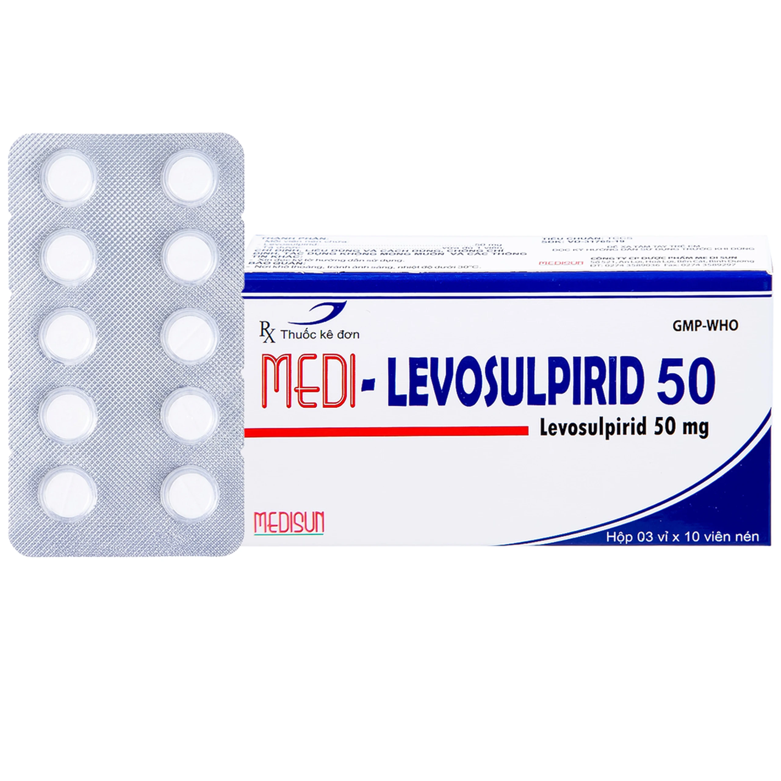 Viên nén Medi-Levosulpirid 50 Medisun điều trị tâm thần phân liệt, rối loạn tiêu hóa (3 vỉ x 10 viên)