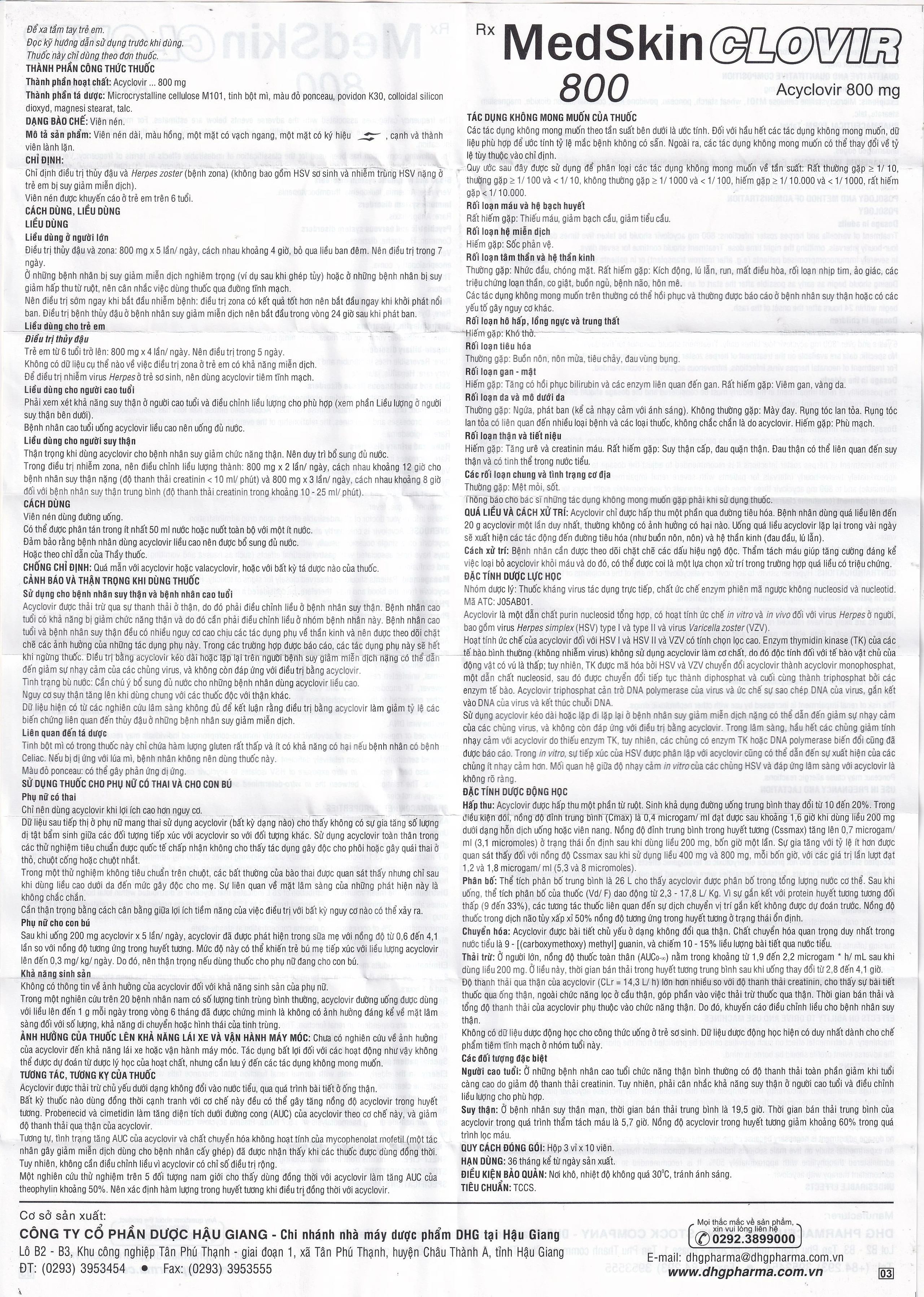 Thuốc MedSkin Clovir 800 DHG điều trị nhiễm virus Herpes simplex, bệnh thủy đậu, viêm phổi do Zona (3 vỉ x 10 viên)