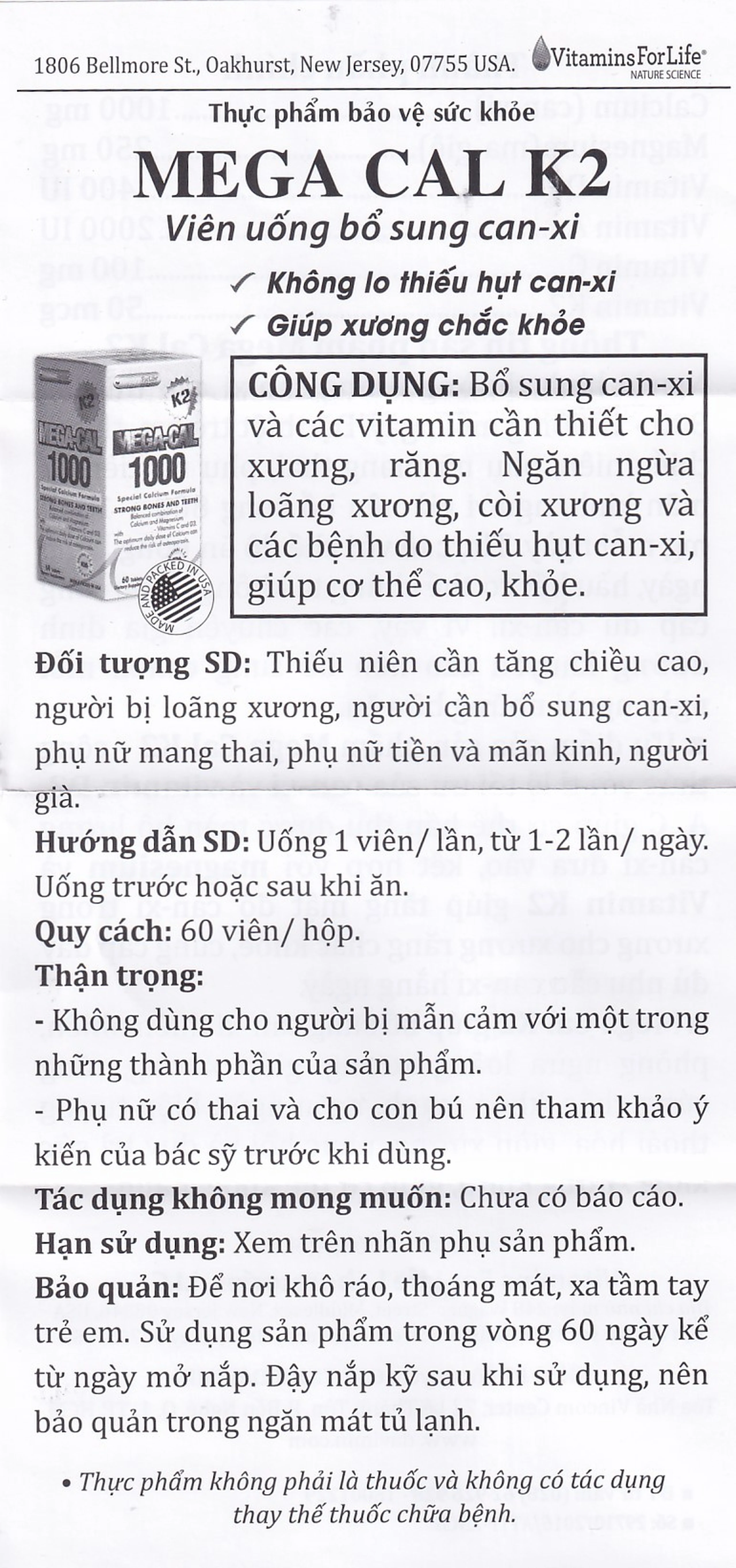 Viên uống bổ sung canxi, chống loãng xương Mega-Cal 1000 Vitamins For Life (60 viên)