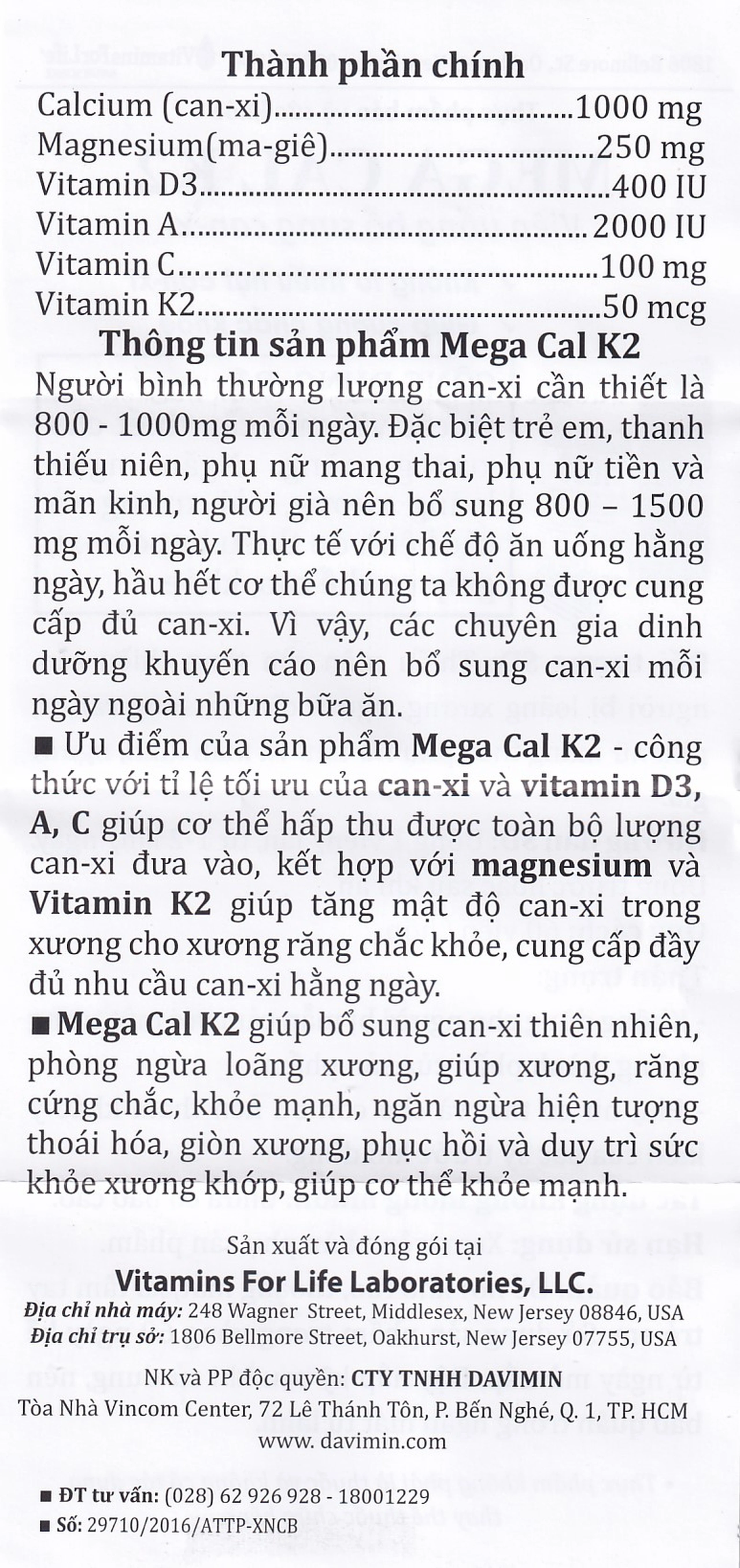 Viên uống bổ sung canxi, chống loãng xương Mega-Cal 1000 Vitamins For Life (60 viên)