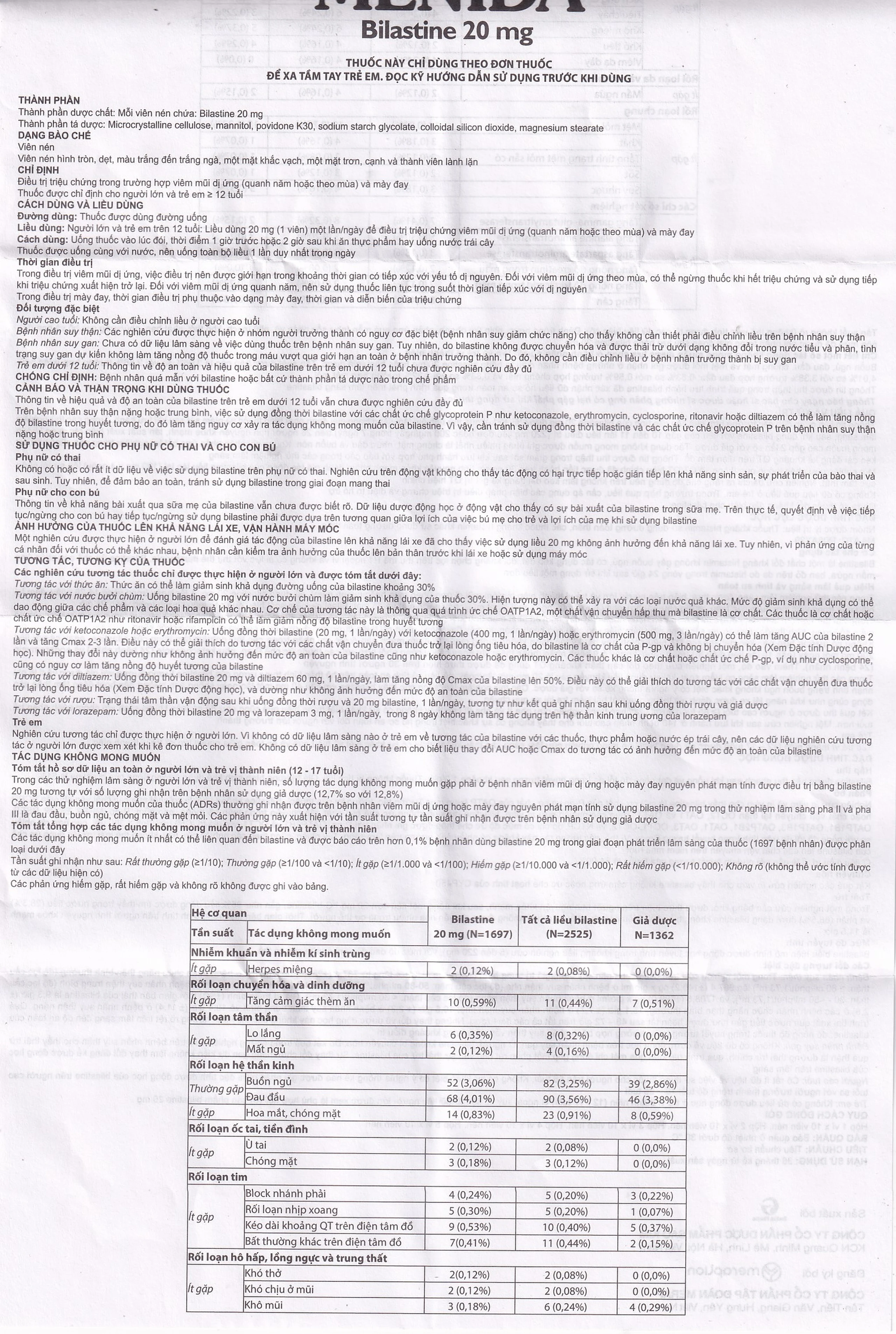 Thuốc Menida 20mg Merap điều trị viêm mũi dị ứng (2 vỉ x 10 viên)