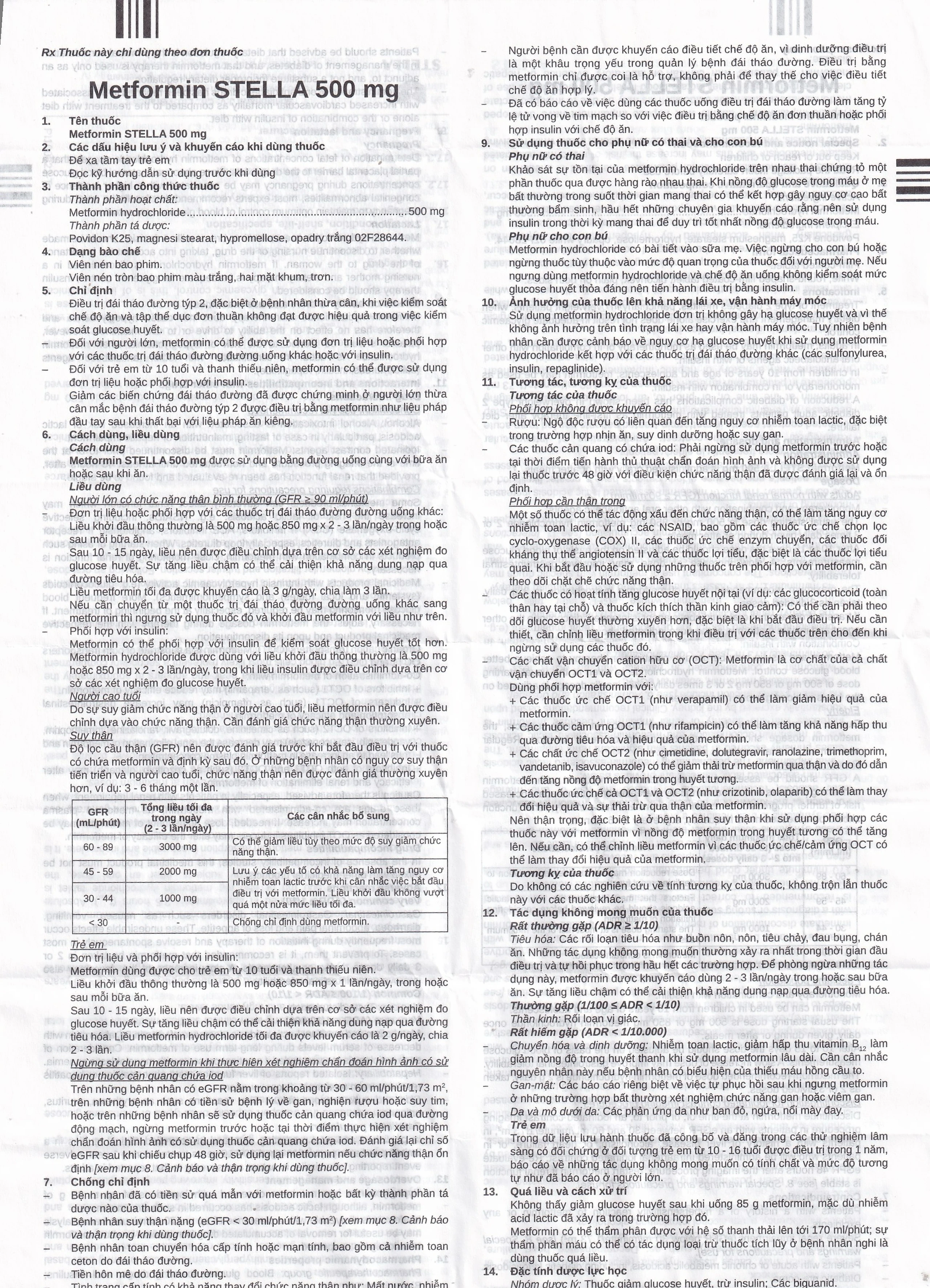 Thuốc Metformin 500MG Stella điều trị tiểu đường típ 2 (6 vỉ x 10 viên)