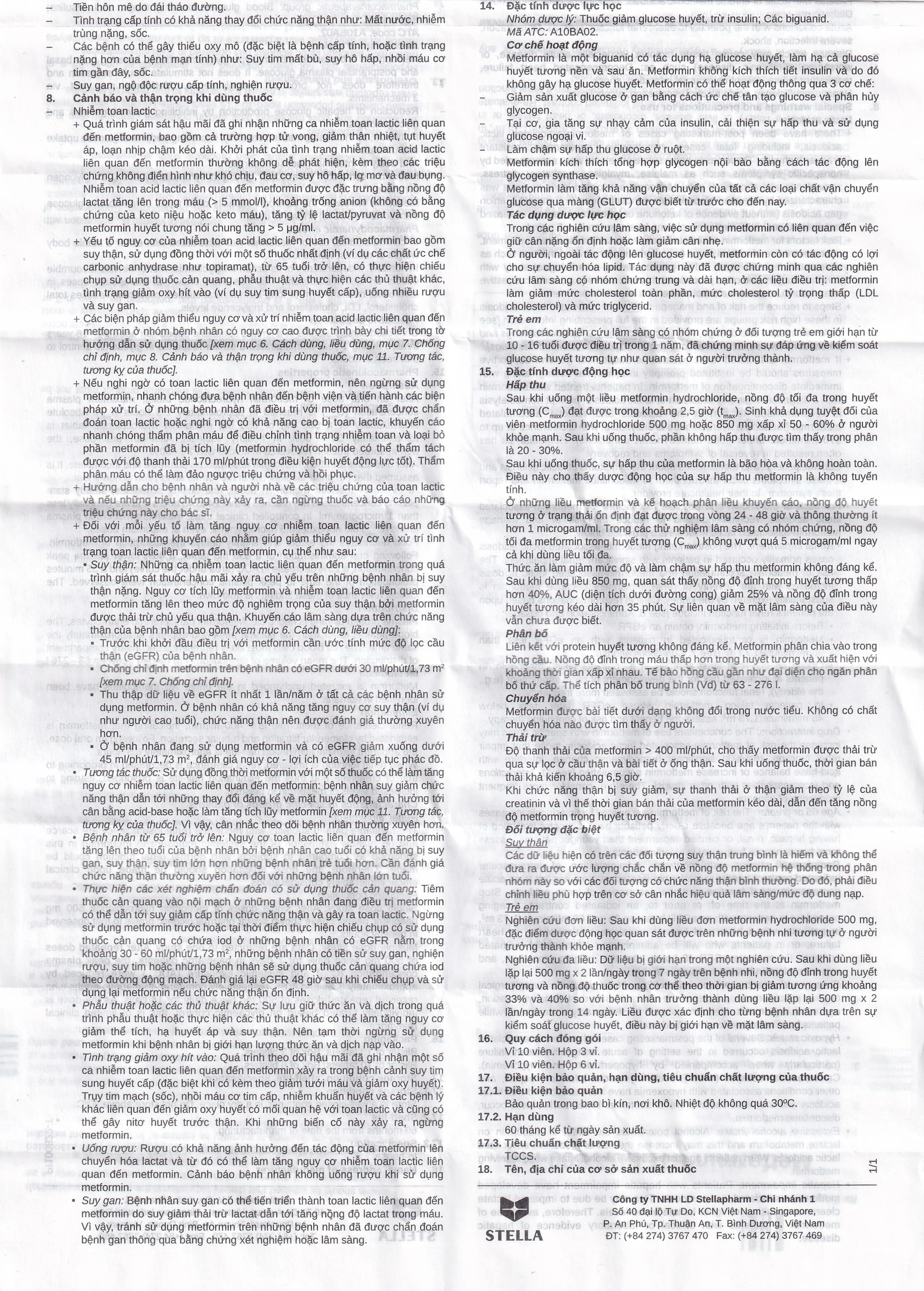 Thuốc Metformin 500MG Stella điều trị tiểu đường típ 2 (6 vỉ x 10 viên)