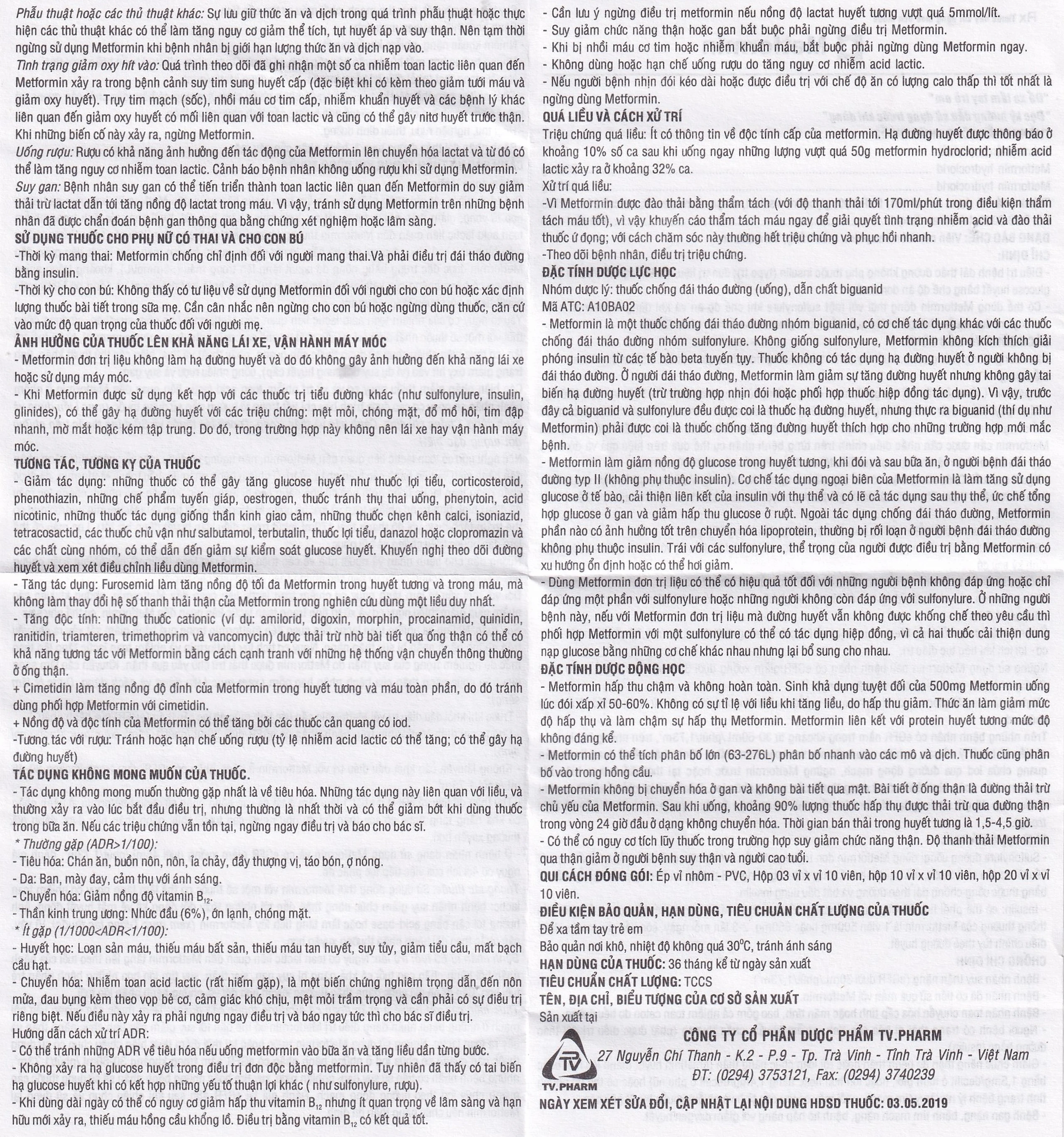 Thuốc Metformin 500mg TV Pharm điều trị đái tháo đường (10 vỉ x 10 viên)