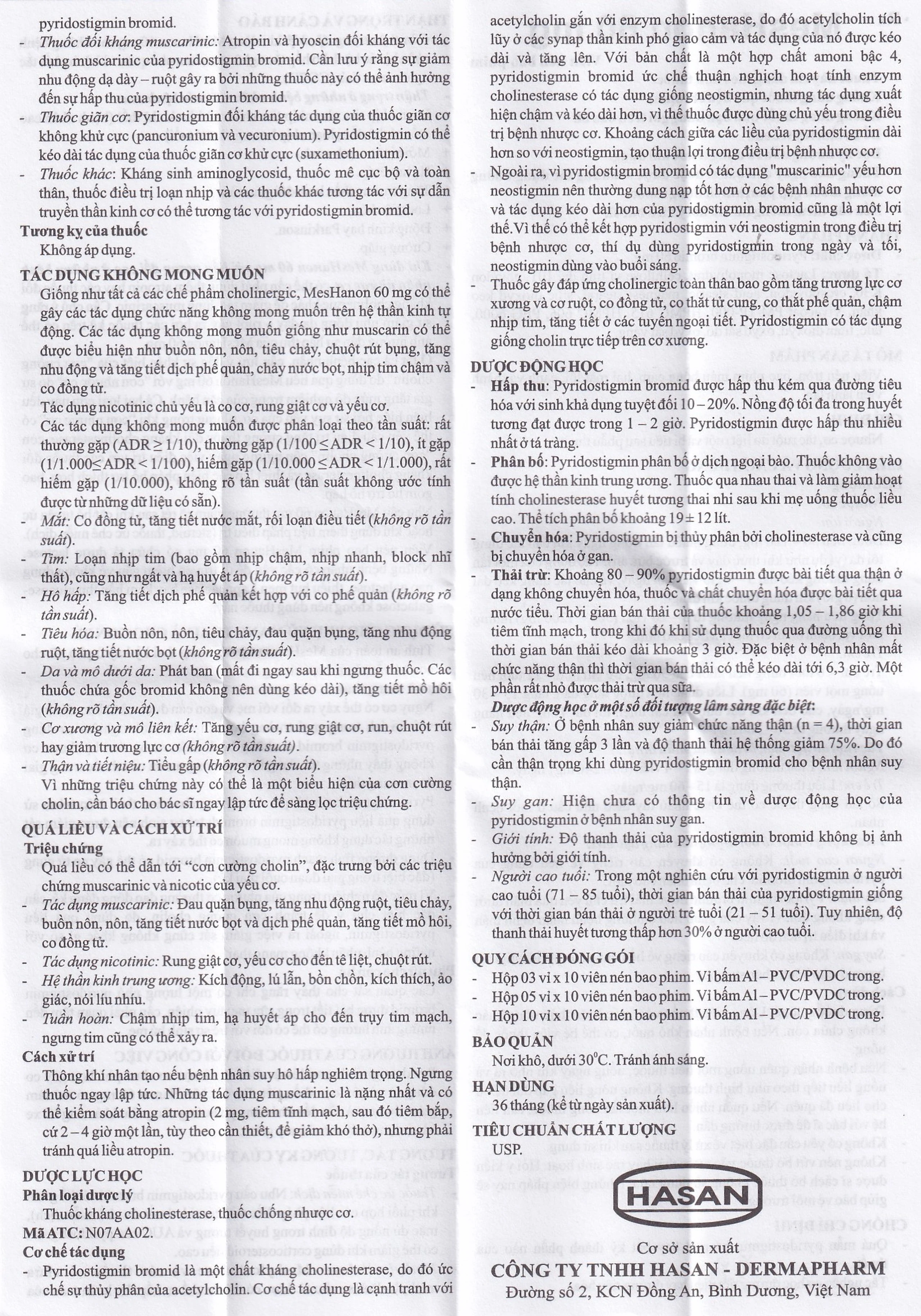 Viên nén MesHanon 60mg Hasan điều trị nhược cơ, tắt ruột do liệt ruột và bí tiểu sau phẫu thuật (3 vỉ x 10 viên)