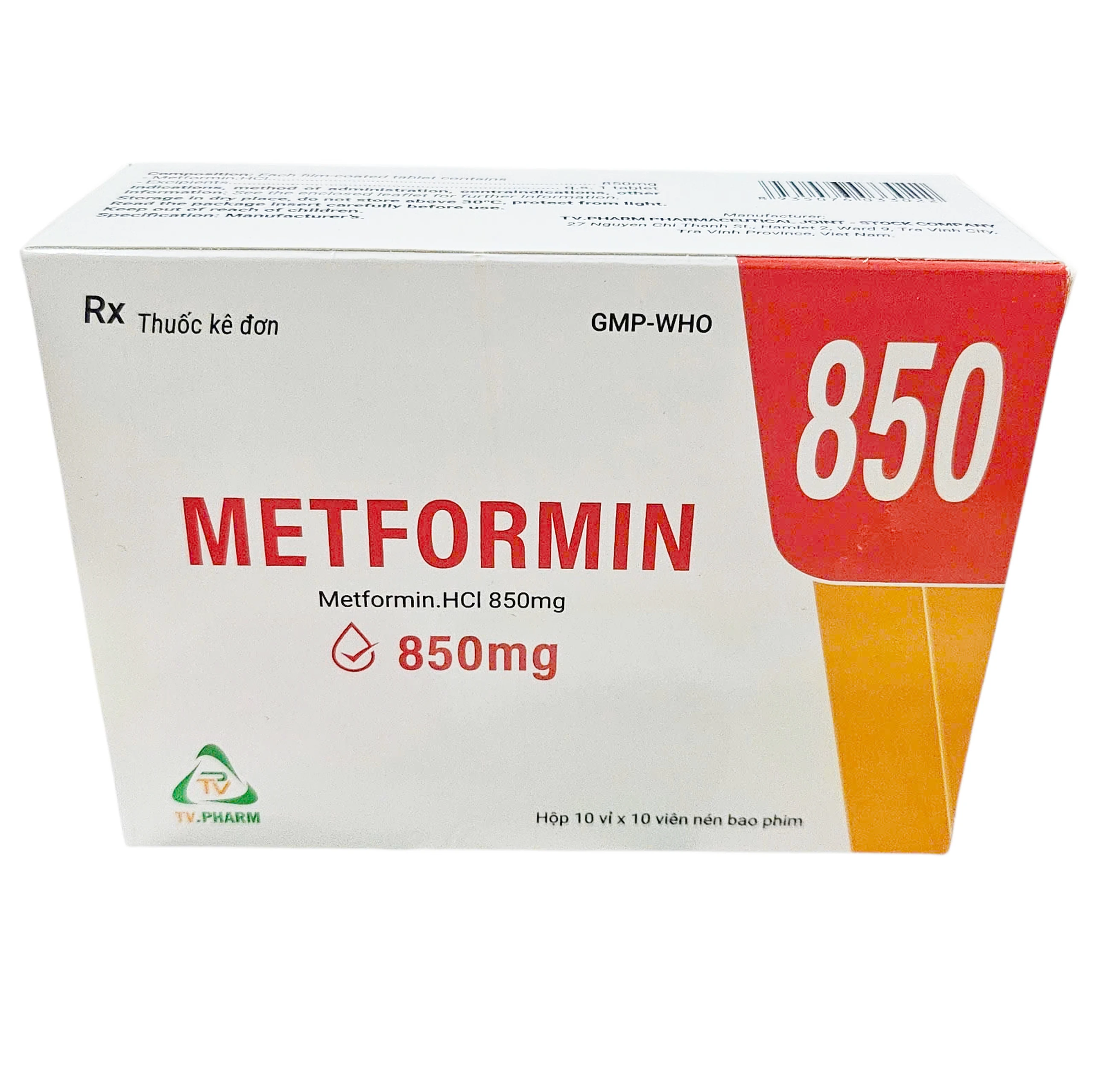 Thuốc Metformin 850mg TV.Pharm điều trị bệnh đái tháo đường (10 vỉ x 10 viên)