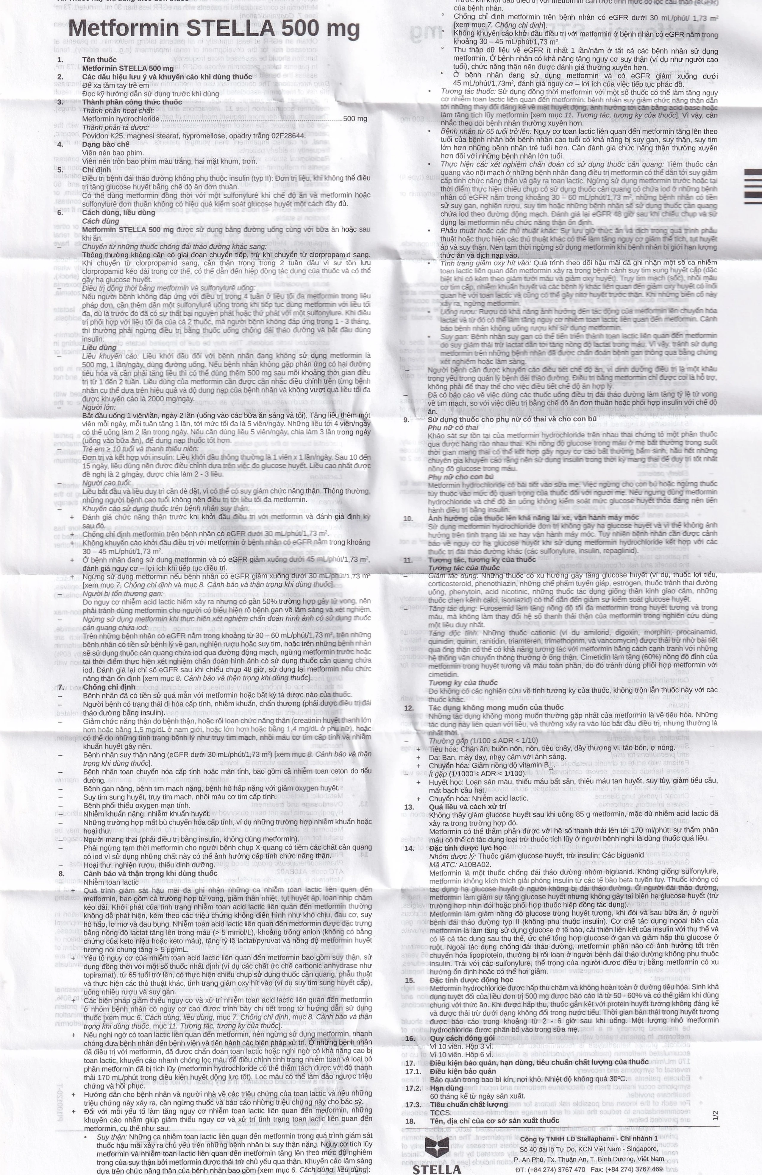 Viên nén Metformin Stella 500mg điều trị bệnh đái tháo đường típ 2 (3 vỉ x 10 viên)